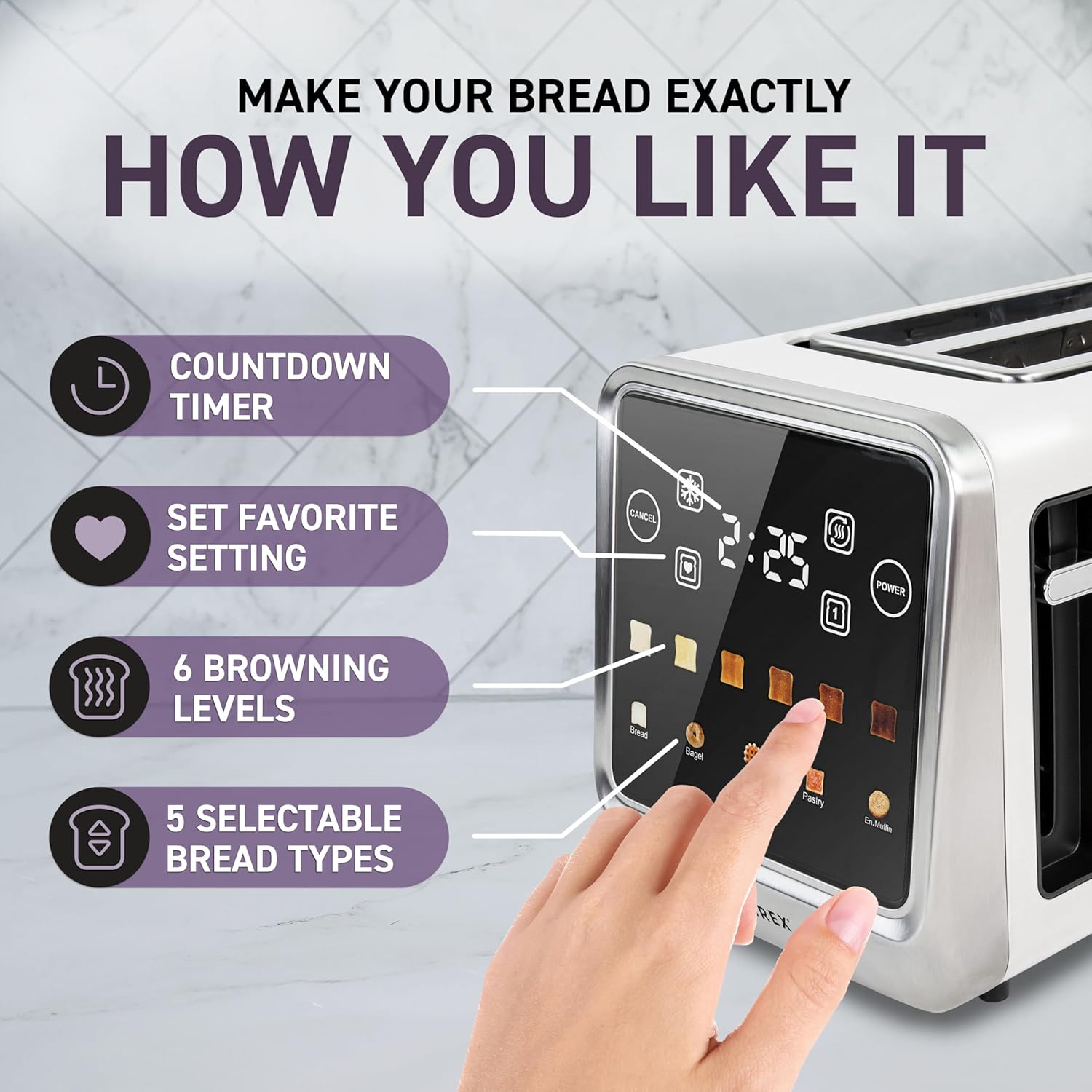 Touch Screen Toaster - 4 Slice, 2 Extra Long Slots - 5 Bread Types and 6 Browning Levels - Defrost, Reheat, Favorite, & Single Slot Modes - For Toast, Bagels, & Waffles – White