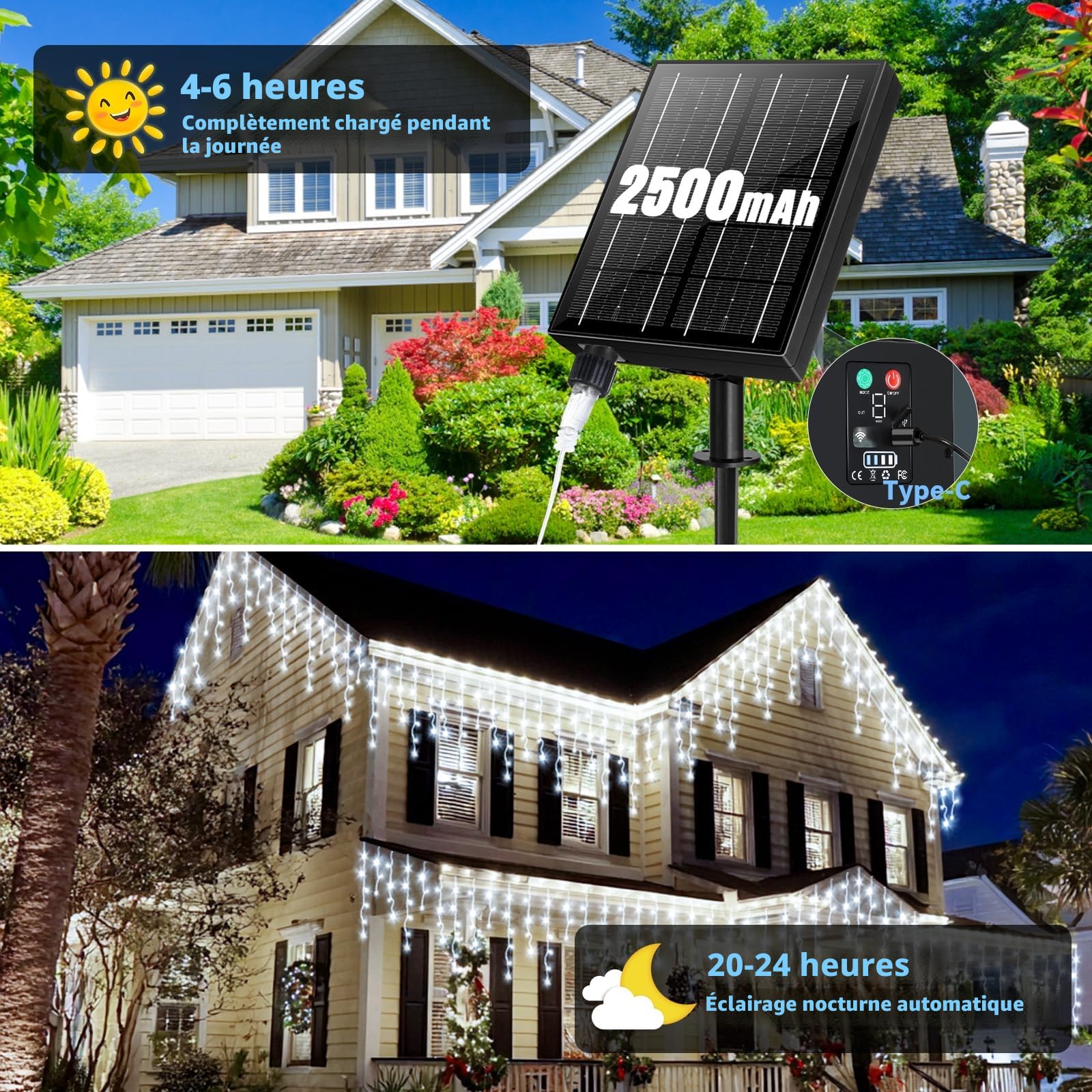 Solaire Guirlande Lumineuse Extérieure [20m +5m], 660LEDs Guirlande Noel Extérieure,8 Modes,Extensible, Rideau Lumineux Noë Alimentation USB,IP65 Etanche Avec télécommande Timer（Blanc）