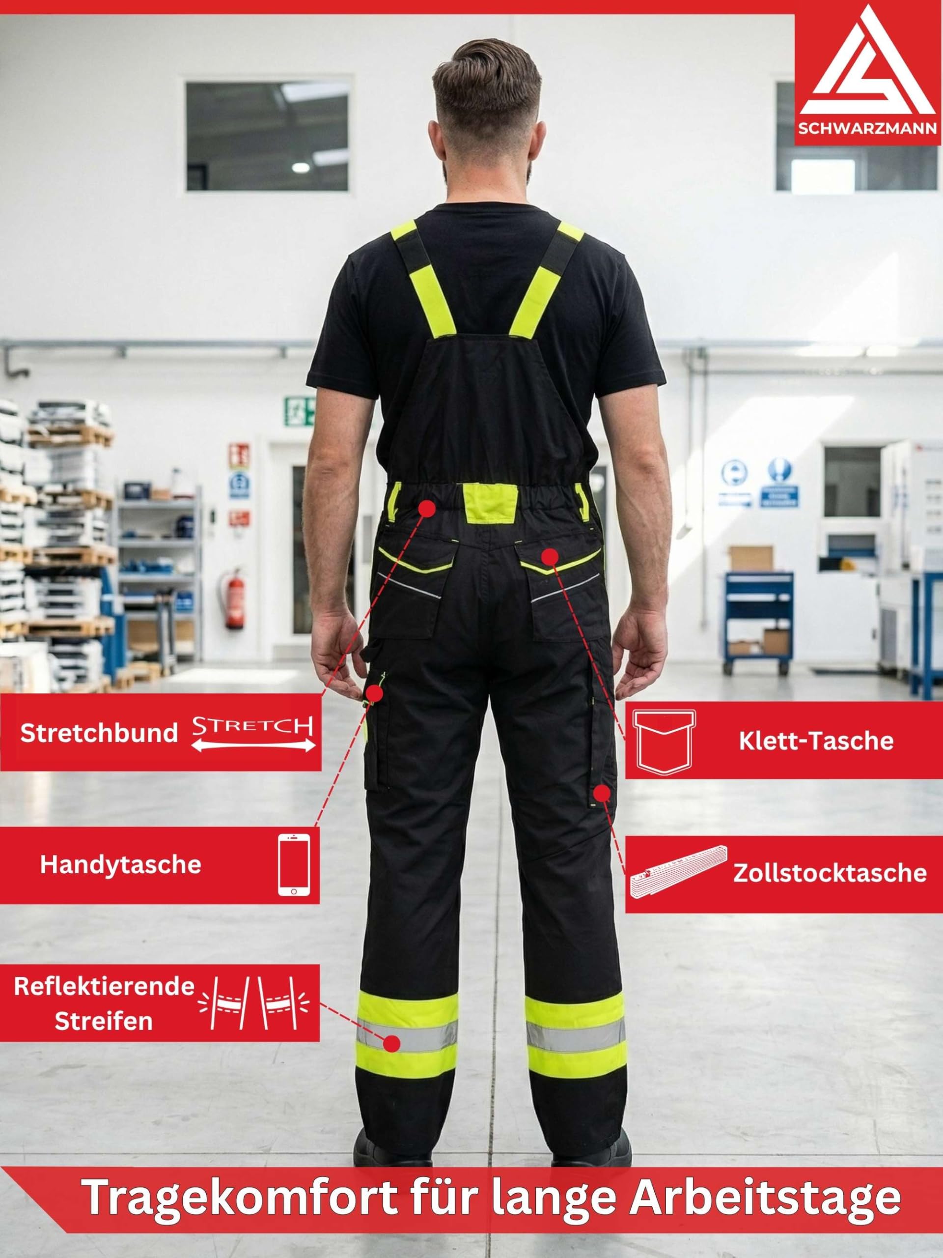 Latzhose Herren Arbeitshose mit 11 Taschen Reflexstreifen und Kniepolstertaschen Arbeitskleidung Männer Warnschutz Arbeitslatzhose Rettungsdienst Hose Straßenbau KfZ Abschleppdienst Handwerk Montage