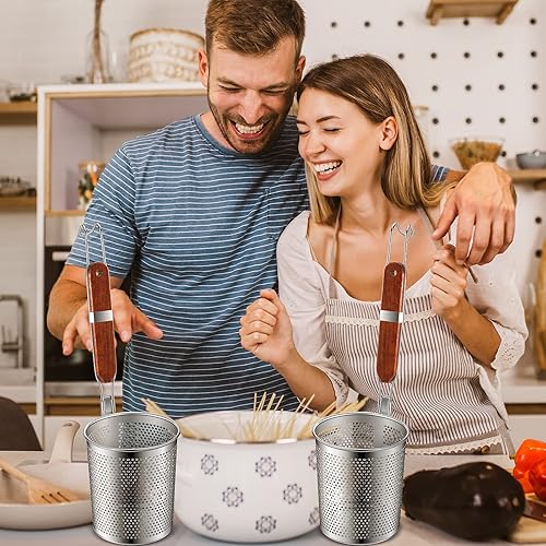Miniatura 7 de Tessco 6 unidades de cestas de pasta de acero inoxidable con mango de madera, malla de cocina, colador de pasta de araña, colador de alimentos,