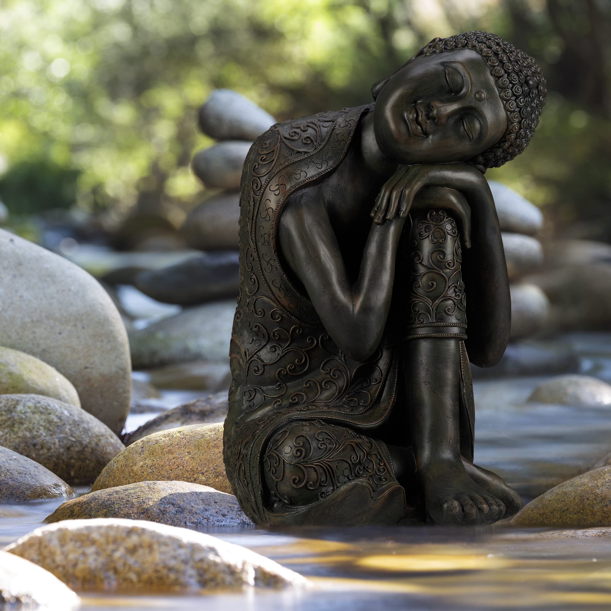 Relaxdays Statua del Buddha con Testa Piegata XL 60cm Ceramica Impermeabile Giardino Grigia