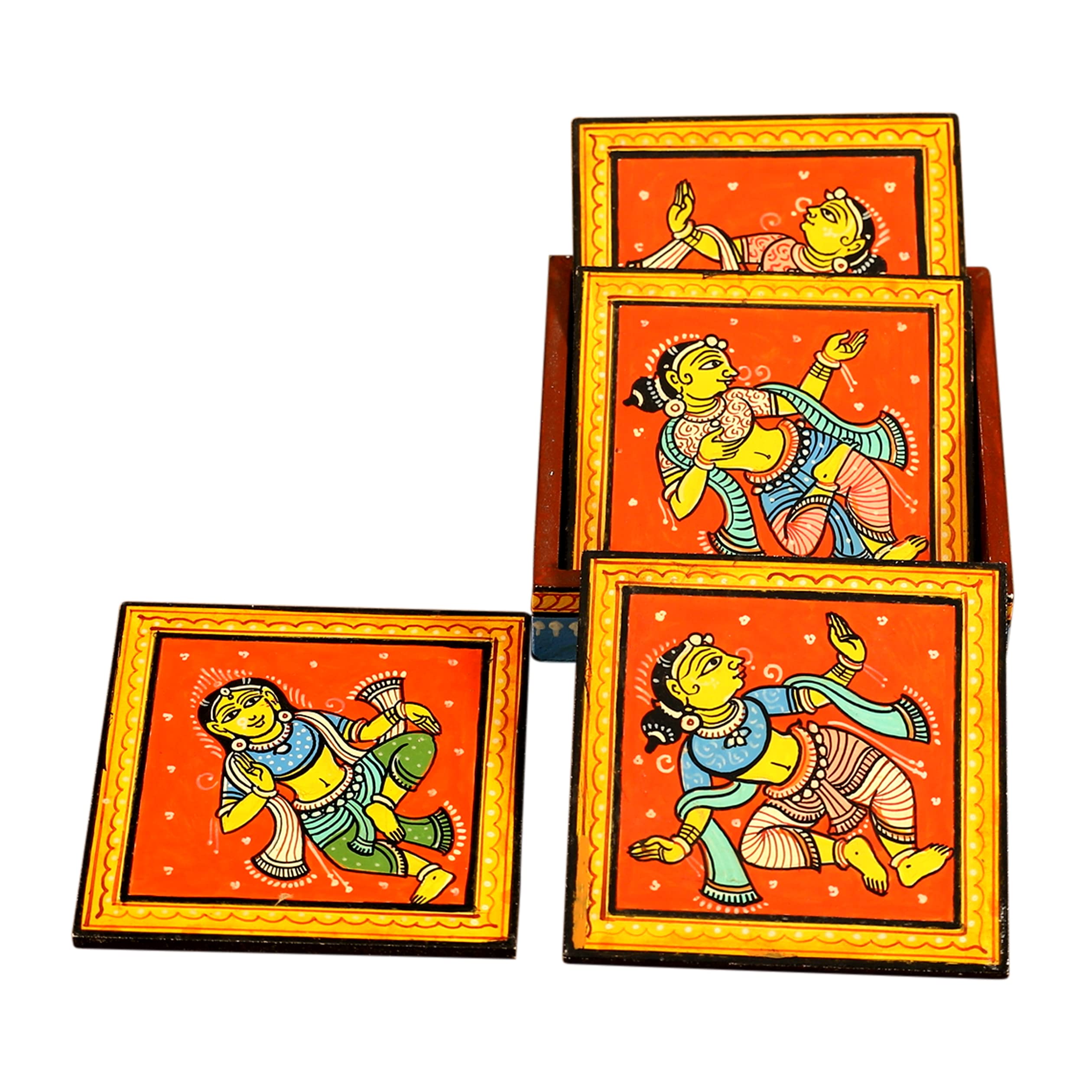 Hand-Painted Patta Chitra Coaster in Red (Set of 4 ) | Serveware | Indian Handicrafts