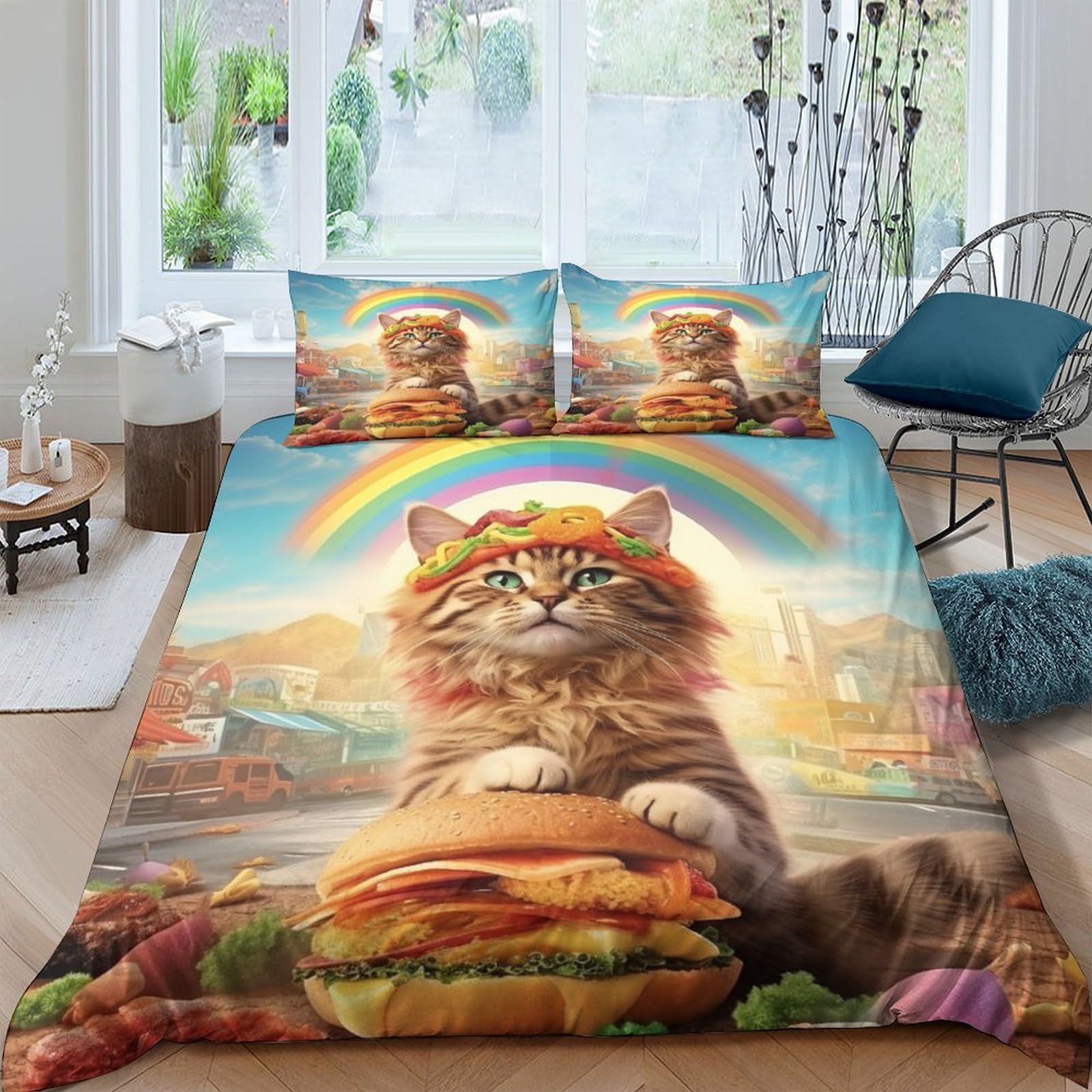 Funda nórdica de gato hamburguesa para camas infantiles grandes