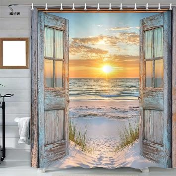 Beach Coastal Shower Curtain, Ocean Barn Door Nautical Sunrise Seaside Seascape Wave Decor Bath Curtains, Rustic Wood Teal Turquoise Bathroom Accessories Fabric Waterproof with Hooks, 60X70in