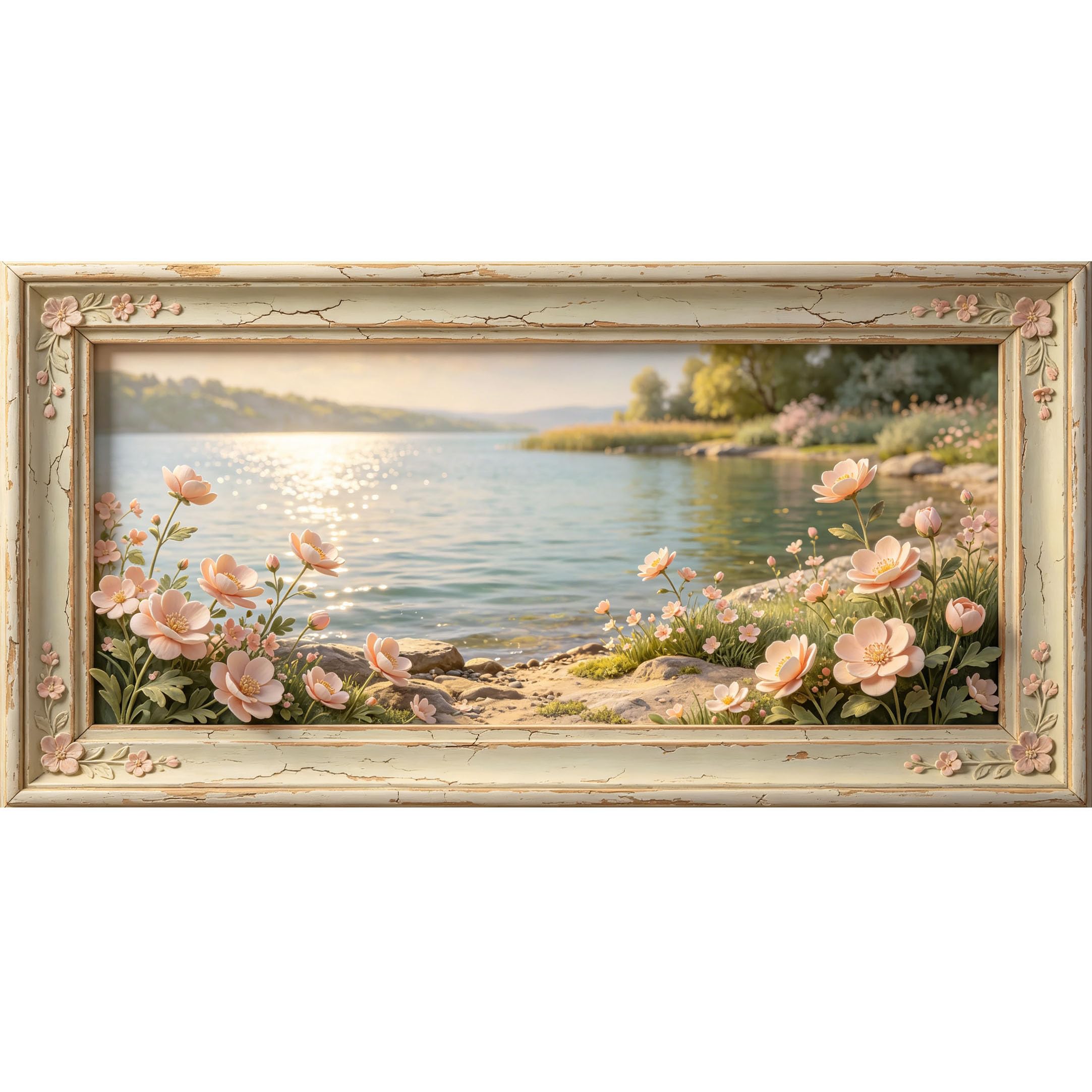 Agglomerix 3D Framed Wall Art Lake Shoreline Pink Floral Botanical Landscape Large Size SelfAdhesive Removable Wall Decor Prints Artwork for Living Room Bedroom Office