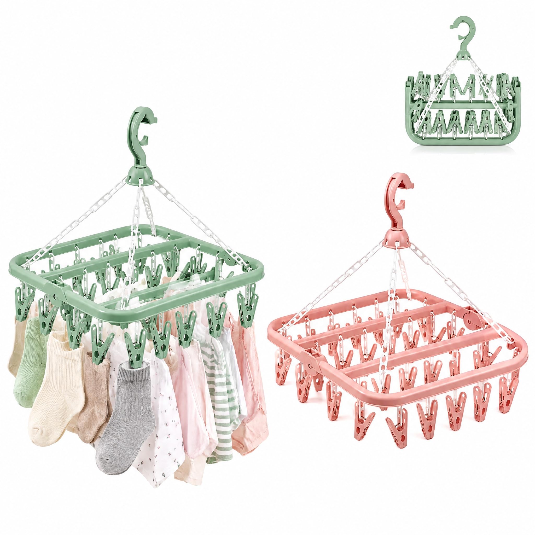 2 Pcs Clothes Drying Hanger 32 Clips Space-Saving Sock Foldable Rotary