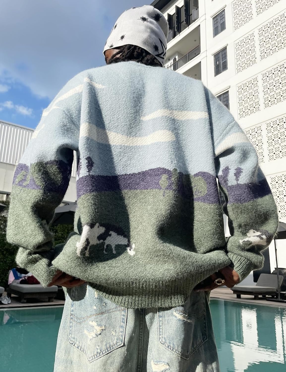 Gihuo Mens Sweater Vintage Cow Printed Sweater Pullover Sweaters Crewneck Oversized Kawaii Sweater Knit Tops Jumper - Image 5