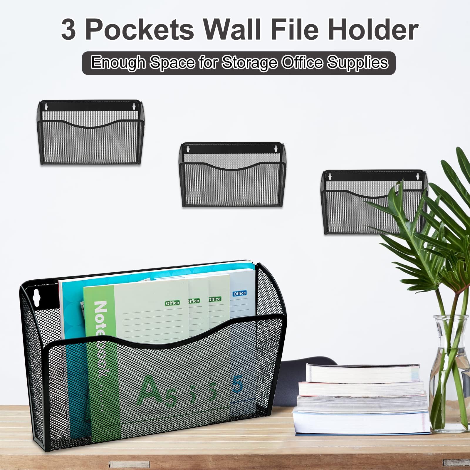 TQVAI 3 Taschen Metall Dokumenten Organizer Zeitschriftenhalter Wand Papier A4 Flyerhalter Postsortierer für Büro Zuhause Schule, Schwarz