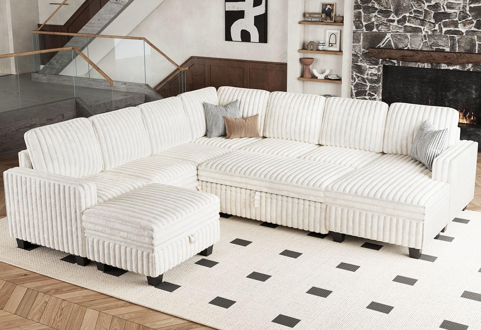 Belffin Oversized Sofa Bed Modular Sectional Sleeper Sofa with Pull Out Bed L Shaped Couch with Storage Chaise Beige Couch