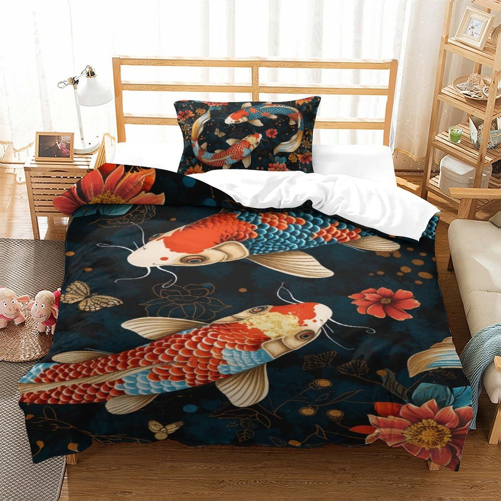 Housse de couette 135x200 carpe koï parure de lit microfibre facile à laver