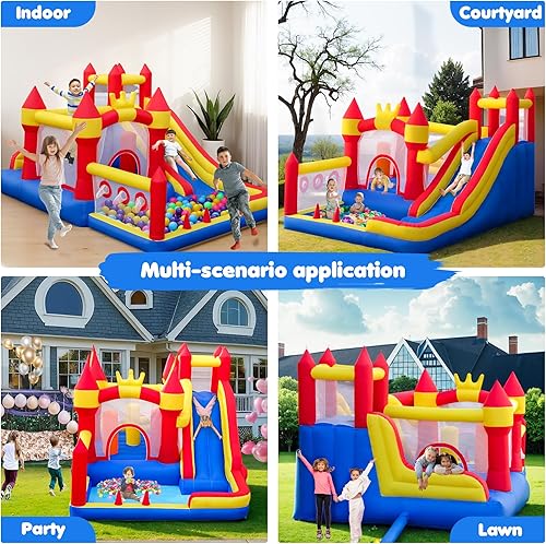 Miniatura 6 de Liaakrr Casa de rebote 8 en 1 para niños, casa inflable con tobogán, pared de escalada, hoyo de pelota, obstáculos, trampolín y aro de baloncesto,