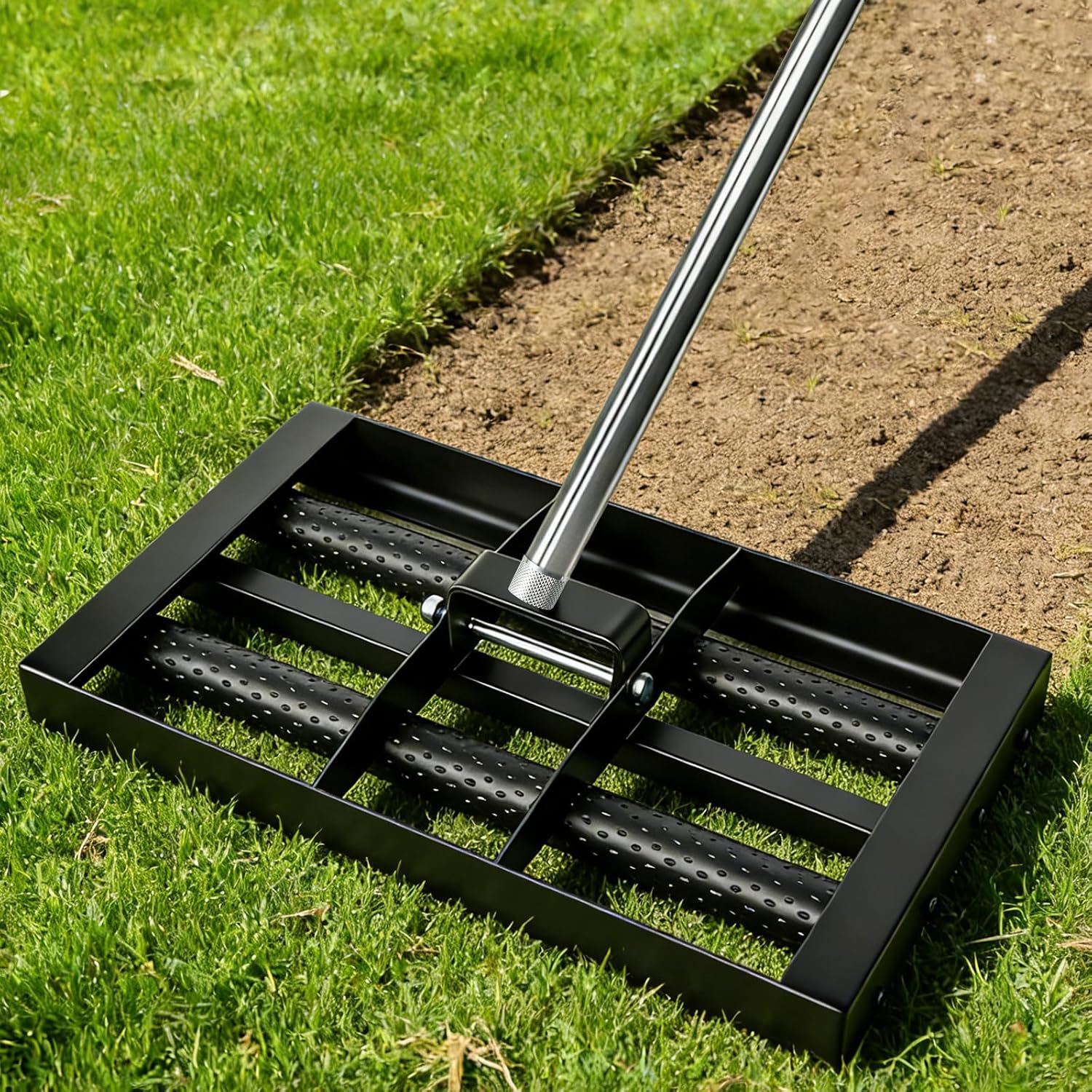 Dometrix Lawn Leveling Rake 17x10" Stainless Steel with 6.5ft Adjustable Handle, Dual Rollers, Foldable for Effortless Yard Leveling