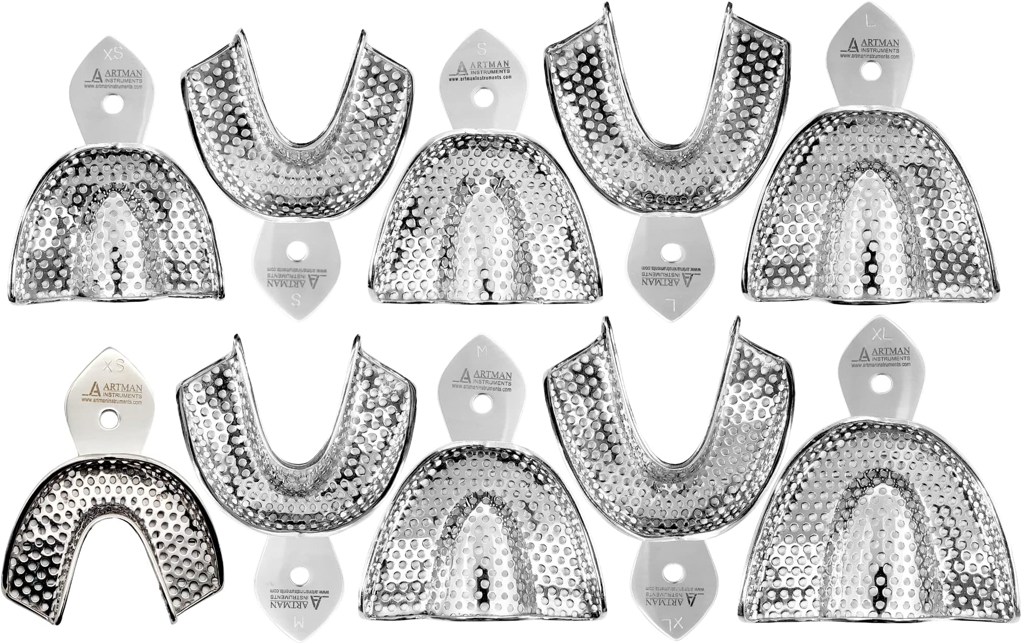 Dental Impression trays 10 Extra Small, Small, medium, large and extra large pairs stainless steel dentures orthodontics by Artman Instruments