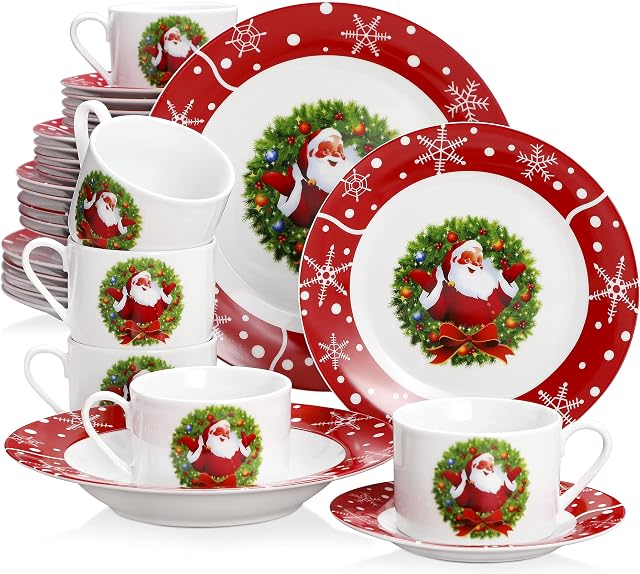 VEWEET, Series SANTACLAUS, 30-Piece Dinner Set Porcelain Christmas Tableware Set with Dessert Plate Soup Plate Dinner Plate Cups and Saucers Set for 6