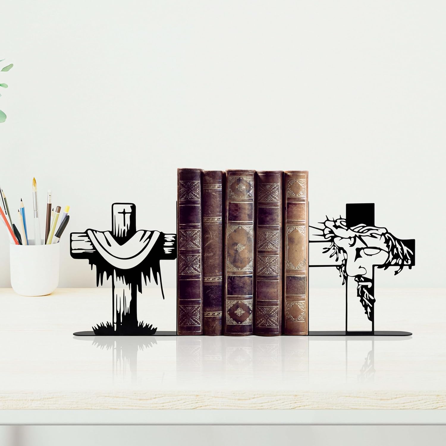 Jesus and Cross Decorative Bookends for Shelves, Christian Gifts for Women, Religious Bookshelf Decor with Faith-Based Design for Home and Room Accents