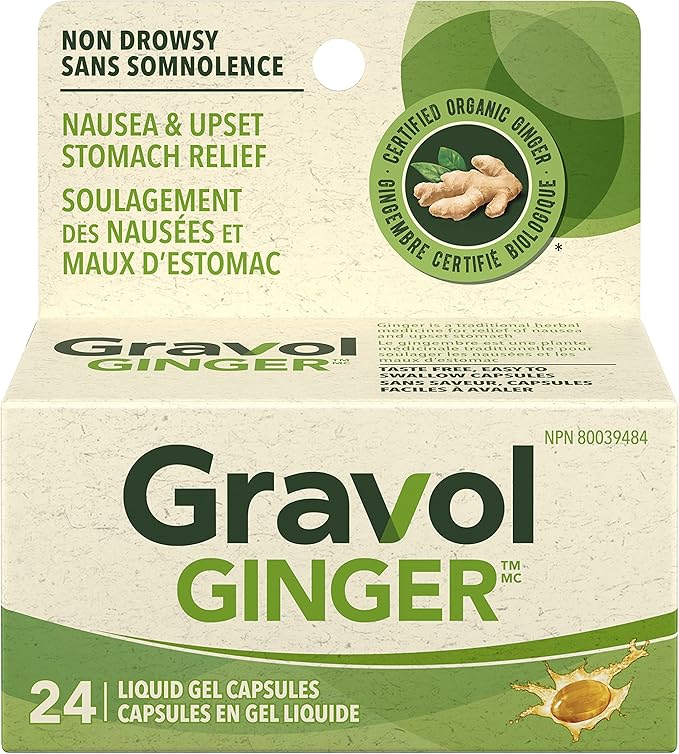 Gravol Ginger Liquid Gel Capsules, Nausea & Upset Stomach Relief, Non