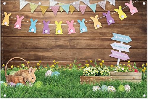 12x8ft Durable Fabric Spring Easter Photography Backdrop Rabbit Eggs Wooden Wall Flowers Grass Background Bunny Flag Portrait Photo Booth Props