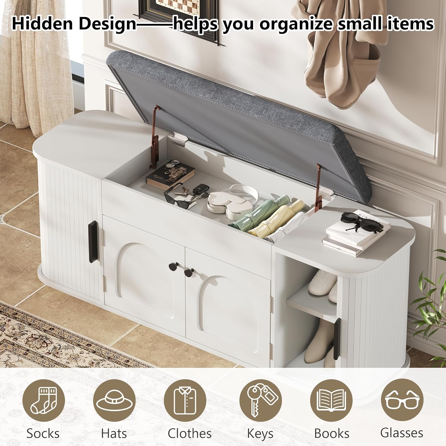 Einhomn 47.2'' Sliding Door Entryway Shoe Storage Bench with Seat Cushion, Shoe Rack with Lift-Top Hidden Storage & Adjustable Shelf, Bench for Bedroom End of Bed, White