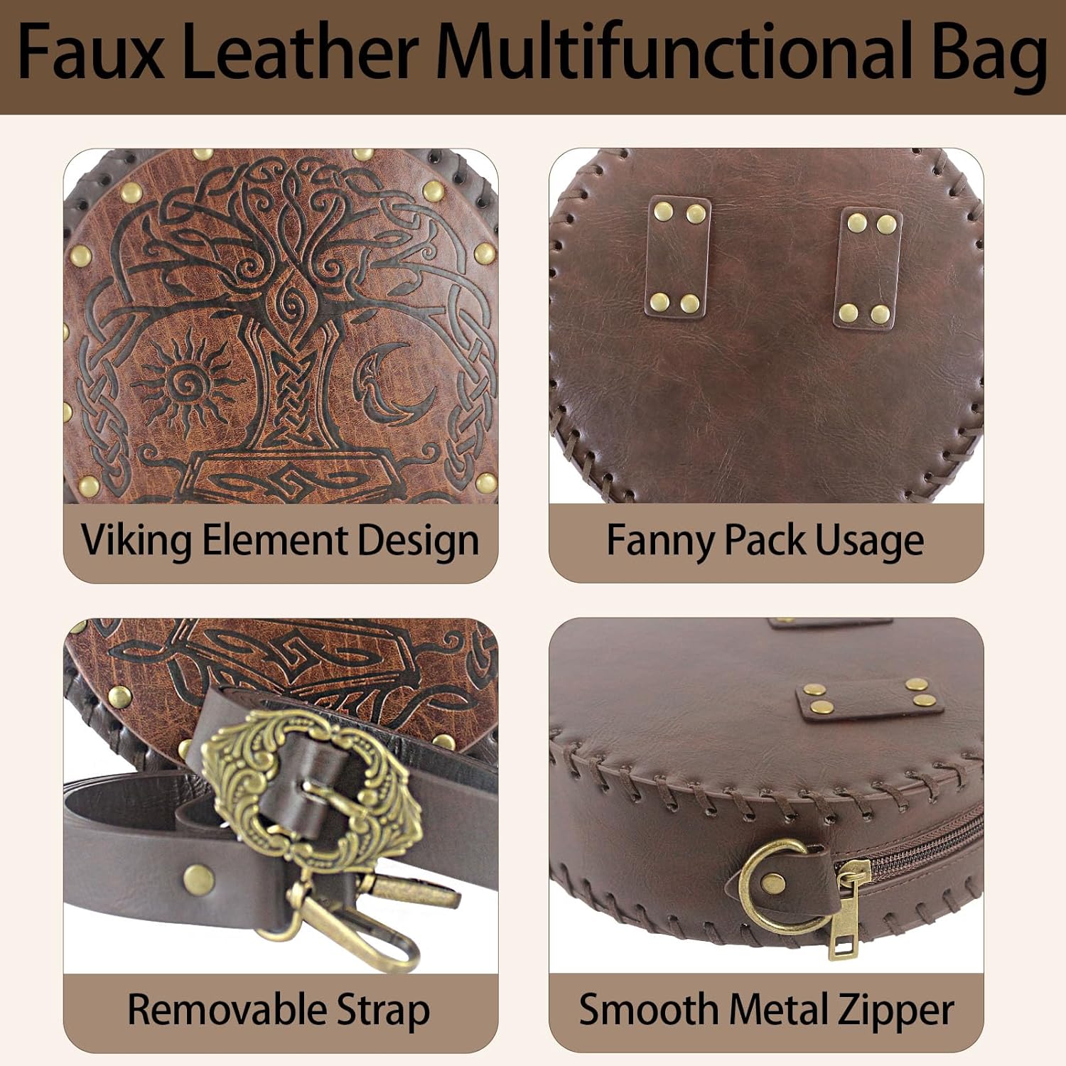 Renaissance Bag for Women Medieval Belt Purse Pirate Viking Embossed Pouch Tree of Life Waist Bag Faux Leather Satchel,Ren Faire Accessories Gift for LARP,Cosplay,Festival and Travel,Brown - Image 6