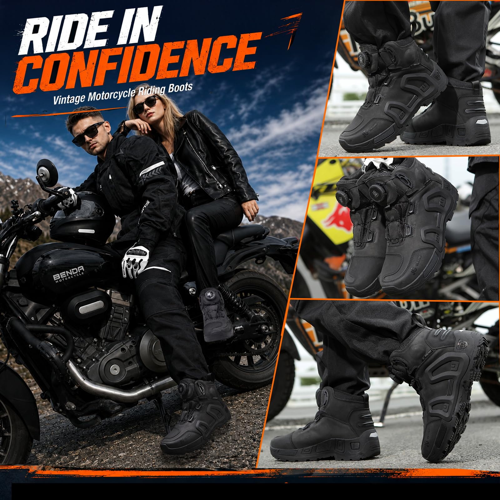 Scarpe da Moto Uomo Impermeabili Neri in Pelle con Protezione TPU