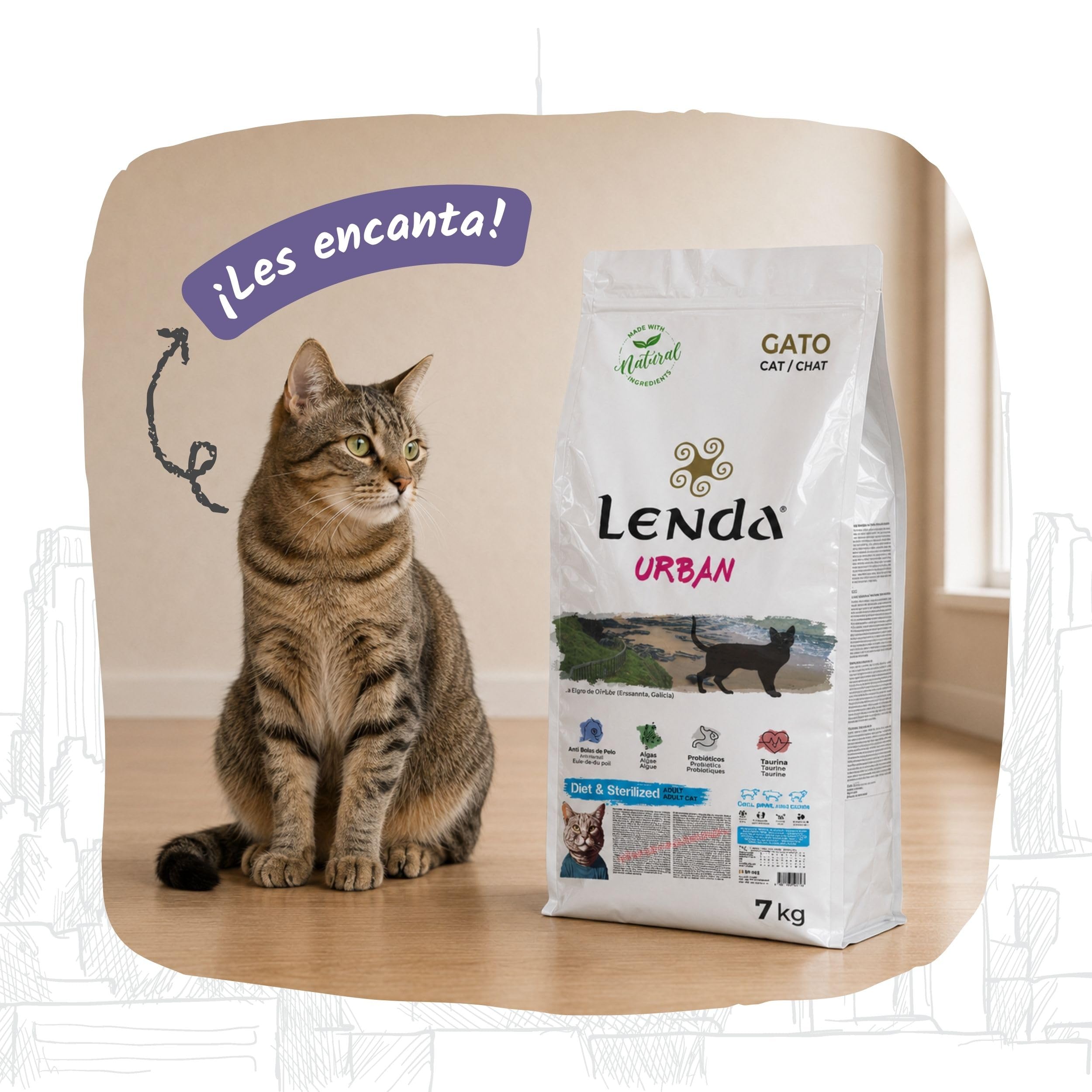 Lenda Urban Gato Diet Esterilizado 7 kg - Pienso para Gatos Adultos Sin Grano de Pavo - Comida con Aceite de Salmon y Krill para Cuidado de Pelo y Cardiovascular - con Probioticos y Condroprotectores