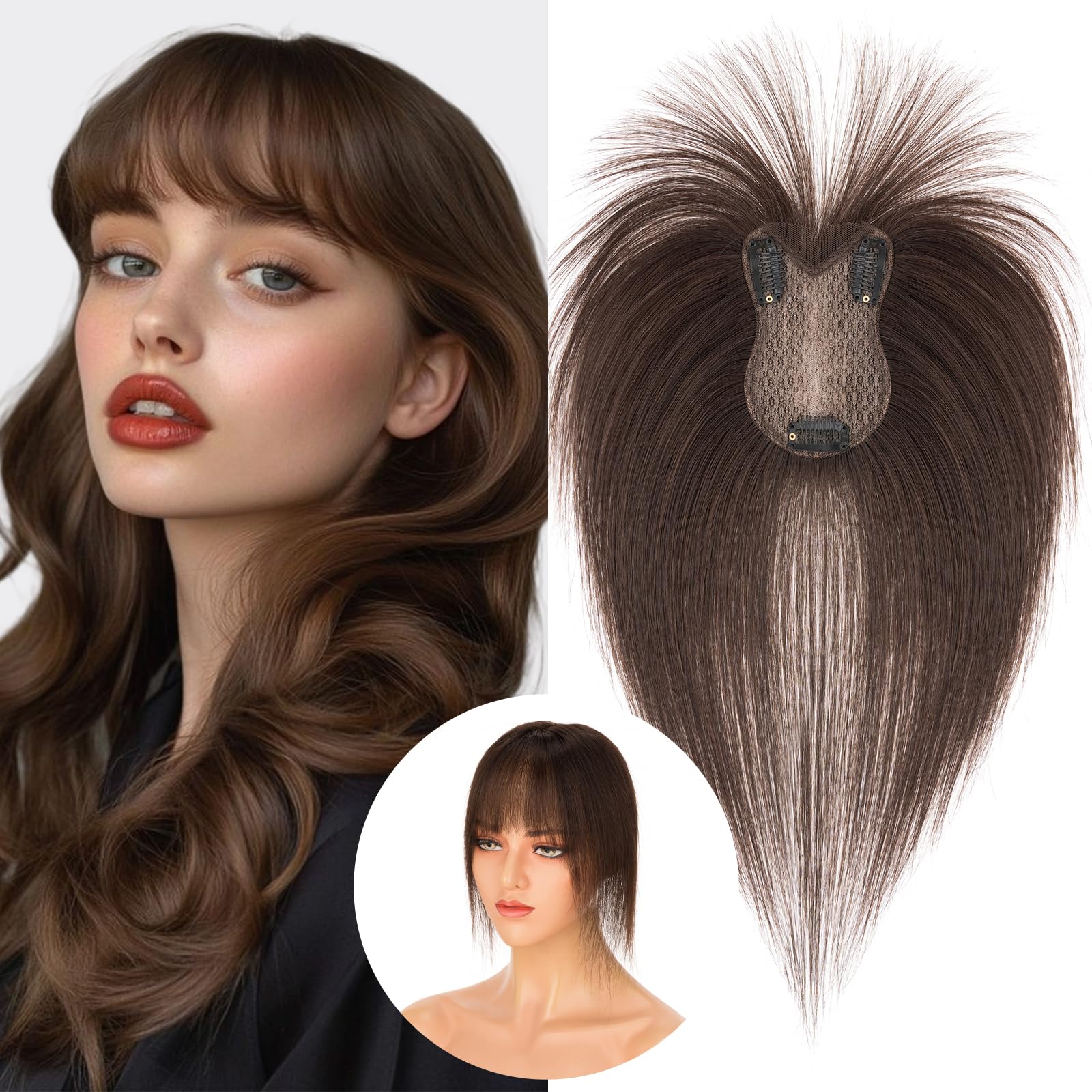 S-noilite Hair Toppers for Women Human Hair 8x11cm - Silk Base Human Hair Topper with bangs for thinning hair 21g Dark Brown #2-11"