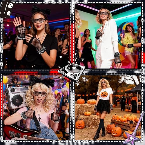 Miniatura 5 de 12 piezas de accesorios de Halloween de los años 80 para mujer, diadema de encaje negro, pulsera de roca, collar de cruz, aretes de cruz, guantes de