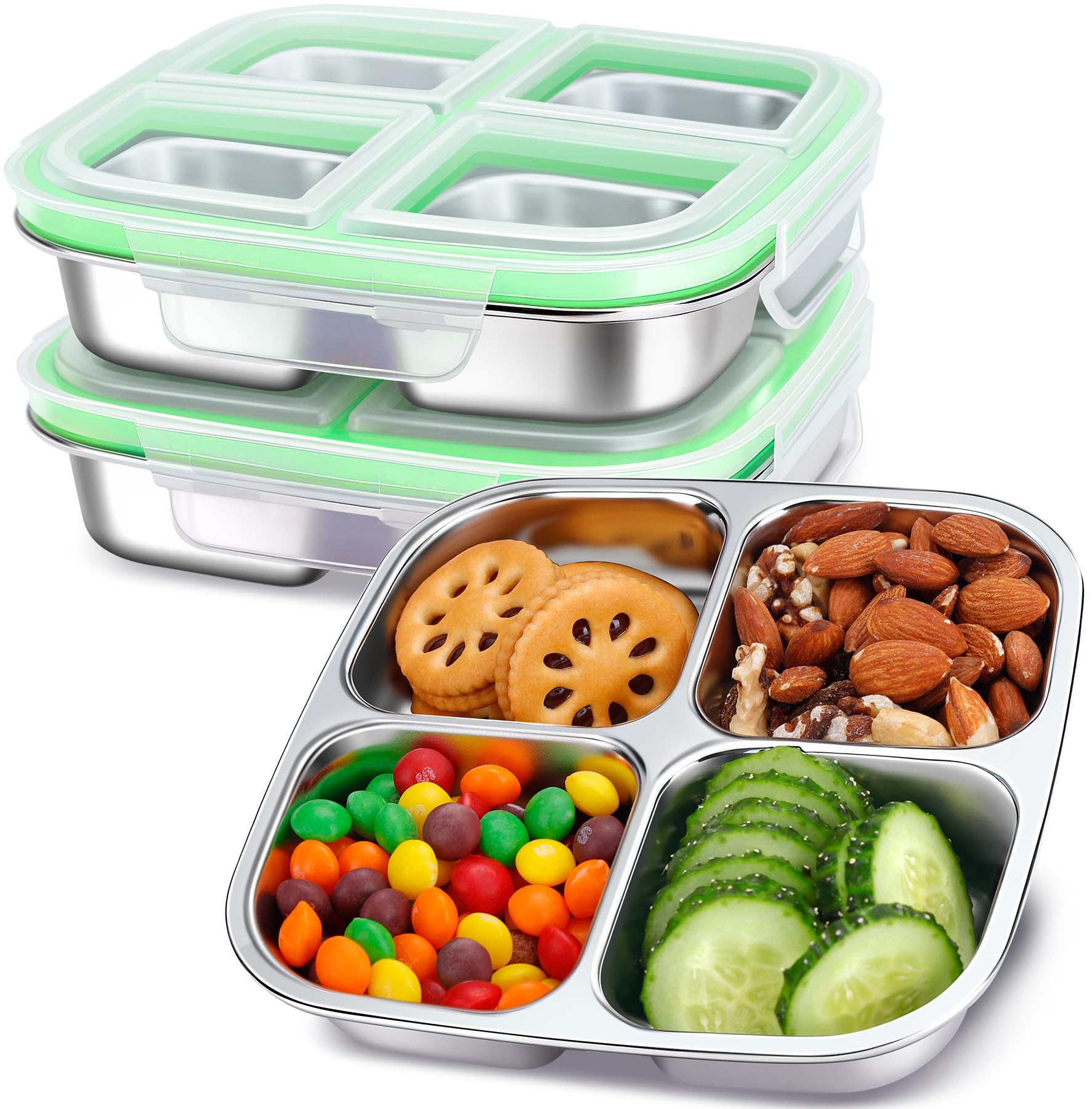 3-Pack Stainless Steel Snack Containers & Kids Lunch Boxes, 20 oz Each | Snack for Kids & Adults; Lunch Portion Sized for Ages 3–7; 4 Compartments for Snack Combos; Leak-Resistant & Dishwasher-Safe