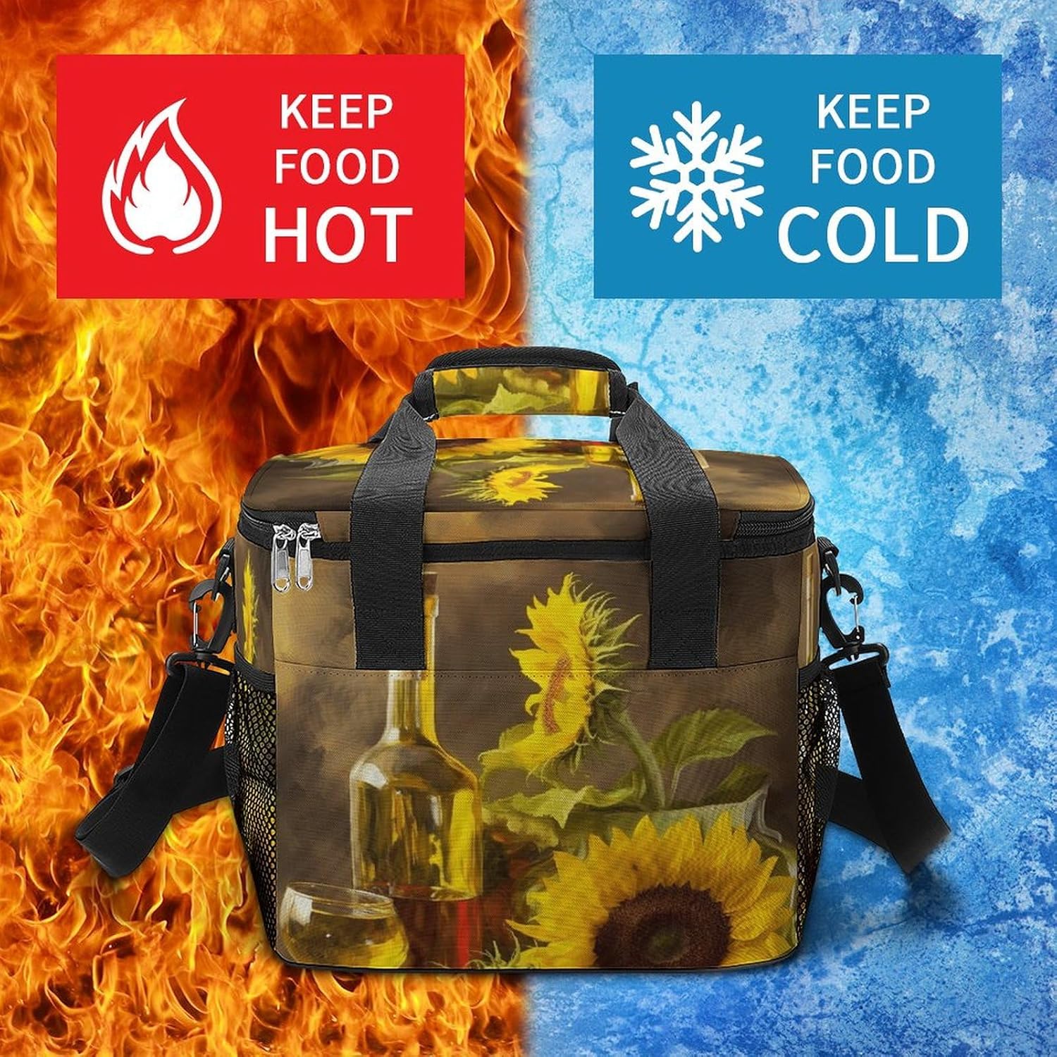 Camping Ice Pack, Wine with Yellow Sunflower Print Cooler Bag, 22.5L Large Capacity Insulated Lunch Tote Bag for Outdoor, Picnic, BBQ, Travel, Work