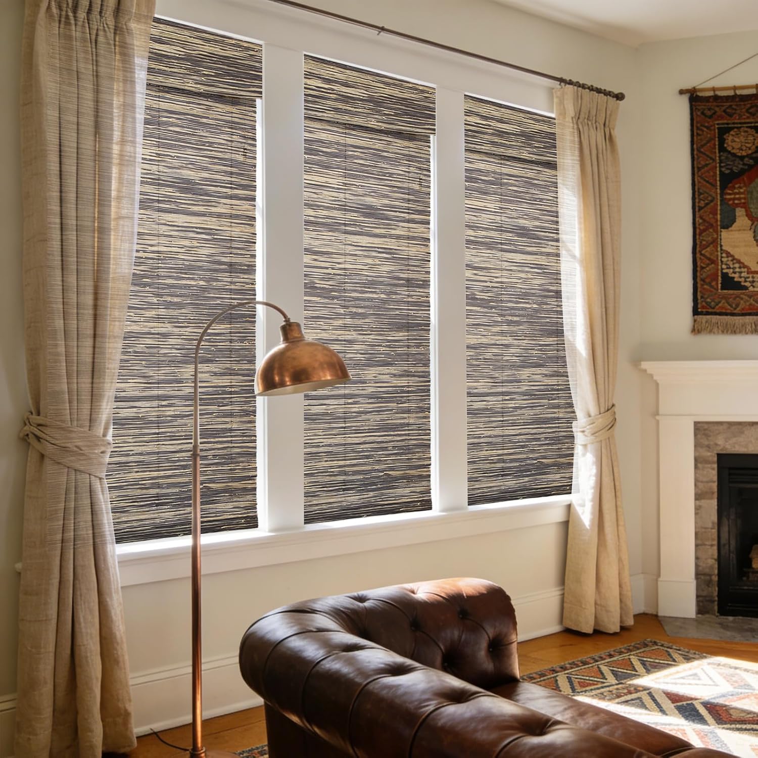 Letau No Drill No Tools Cordless Wood Window Shades Blinds, Bamboo and Linen Roman Shades, Bamboo Mesh-Navy
