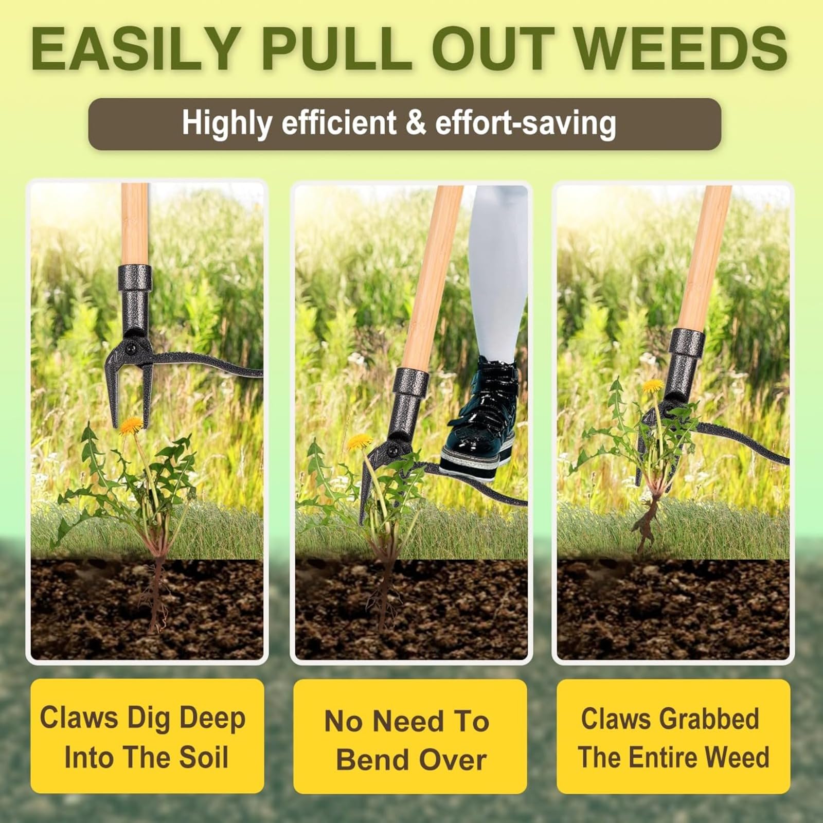 Utensile per rimuovere erbacce con 4 artigli, per rimuovere le radici, per tarassaco, manico lungo, per prato, giardino e cortile