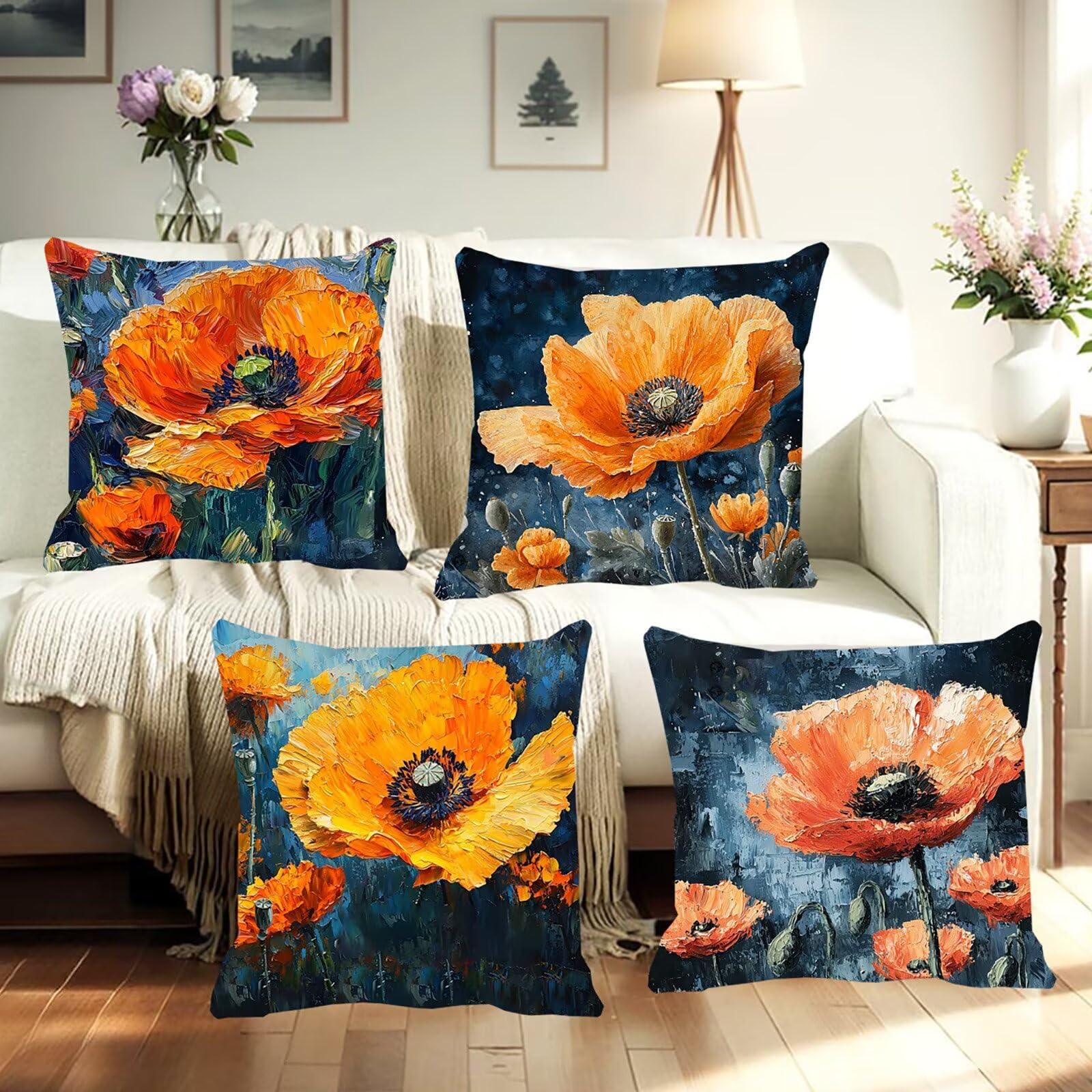 Lot de 4 Housses de Coussin Canapé 55x55cm Décoratives Double Face Taie d'oreiller en Velours Peinture Coussin Carré Fleurs 1 Taie d'oreiller pour Chambre, Bureau, Salon Canapé Voiture Ferme F0P-6