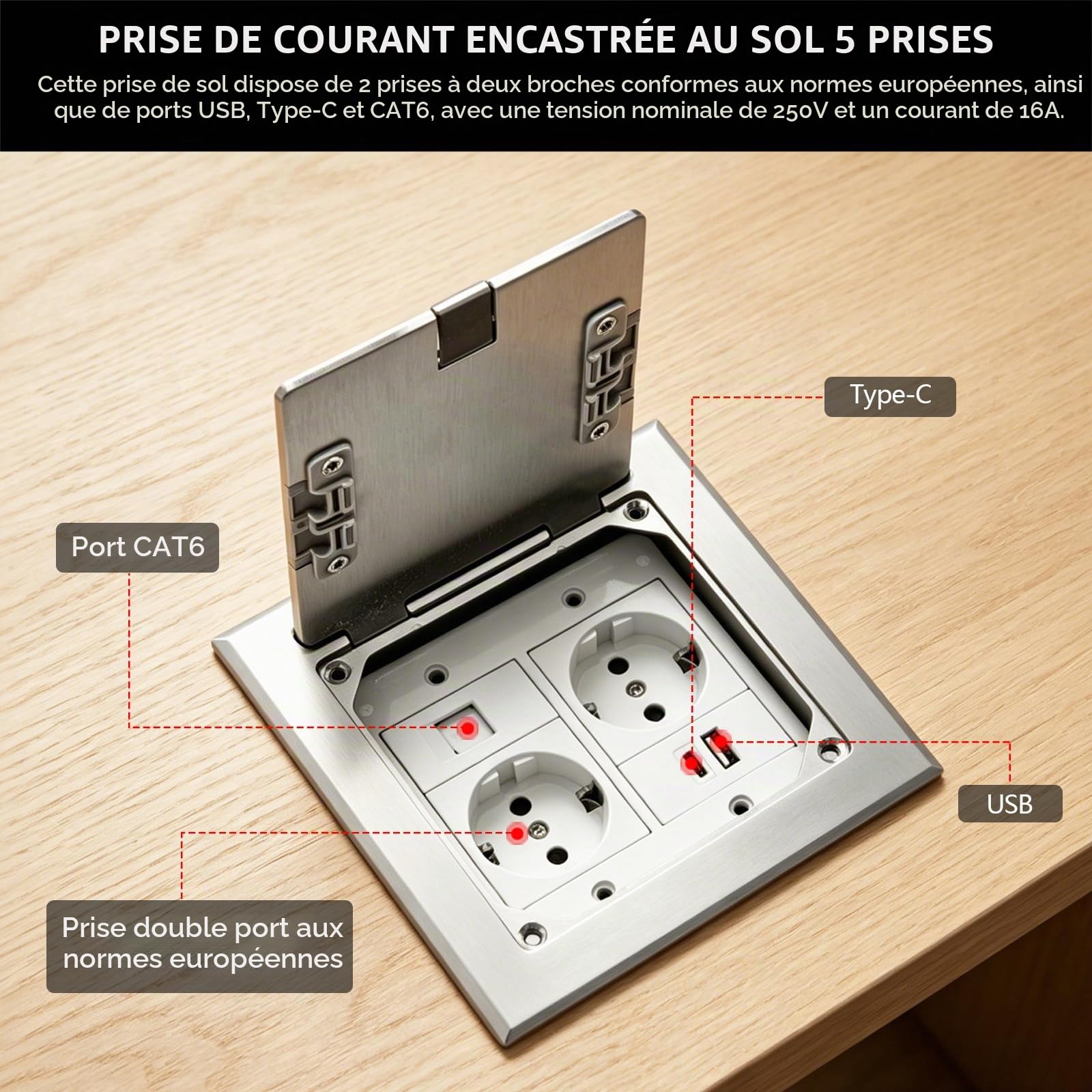Boîte de Prise Encastrable au Sol, Prise Cachée Plate Encastrée 250V/16A avec 2 Prises EU et Connecteurs USB + Type C + CAT6, Prise de Courant Encastrée Étanche en Acier Inoxydable pour Maison, Hôtel