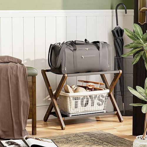 Miniatura 9 de Portaequipajes, juego de 2, soporte plegable para maleta con estante de almacenamiento, soporte de equipaje de bambú premium para habitación de