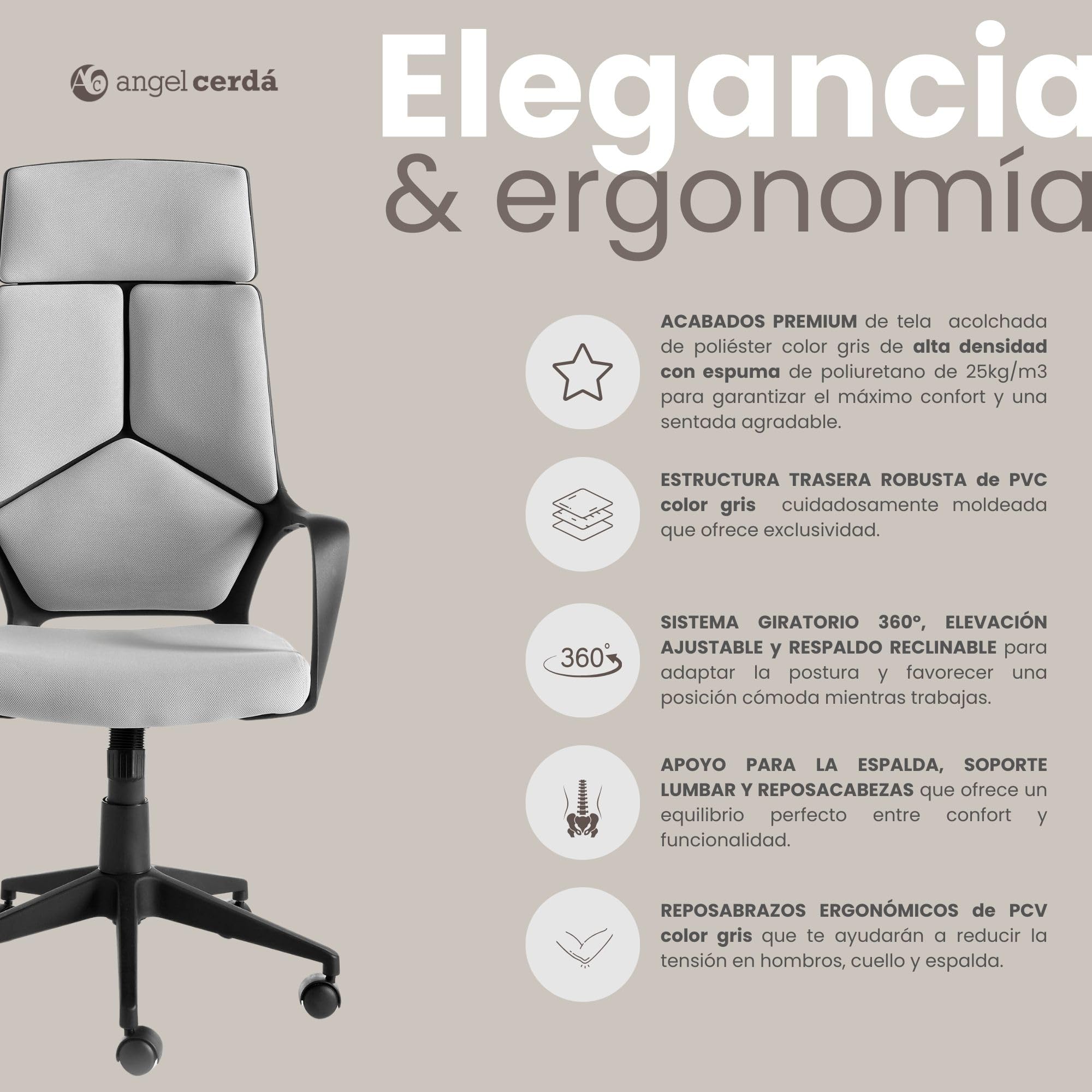 Angel Cerdá – Silla Escritorio Premium Giratoria, Tapizada en Tela Gris | Silla Escritorio Ergonomica Respaldo Ancho y Reposabrazos | Patas Acero Cromado | 63 x 63 x 117/127 cm