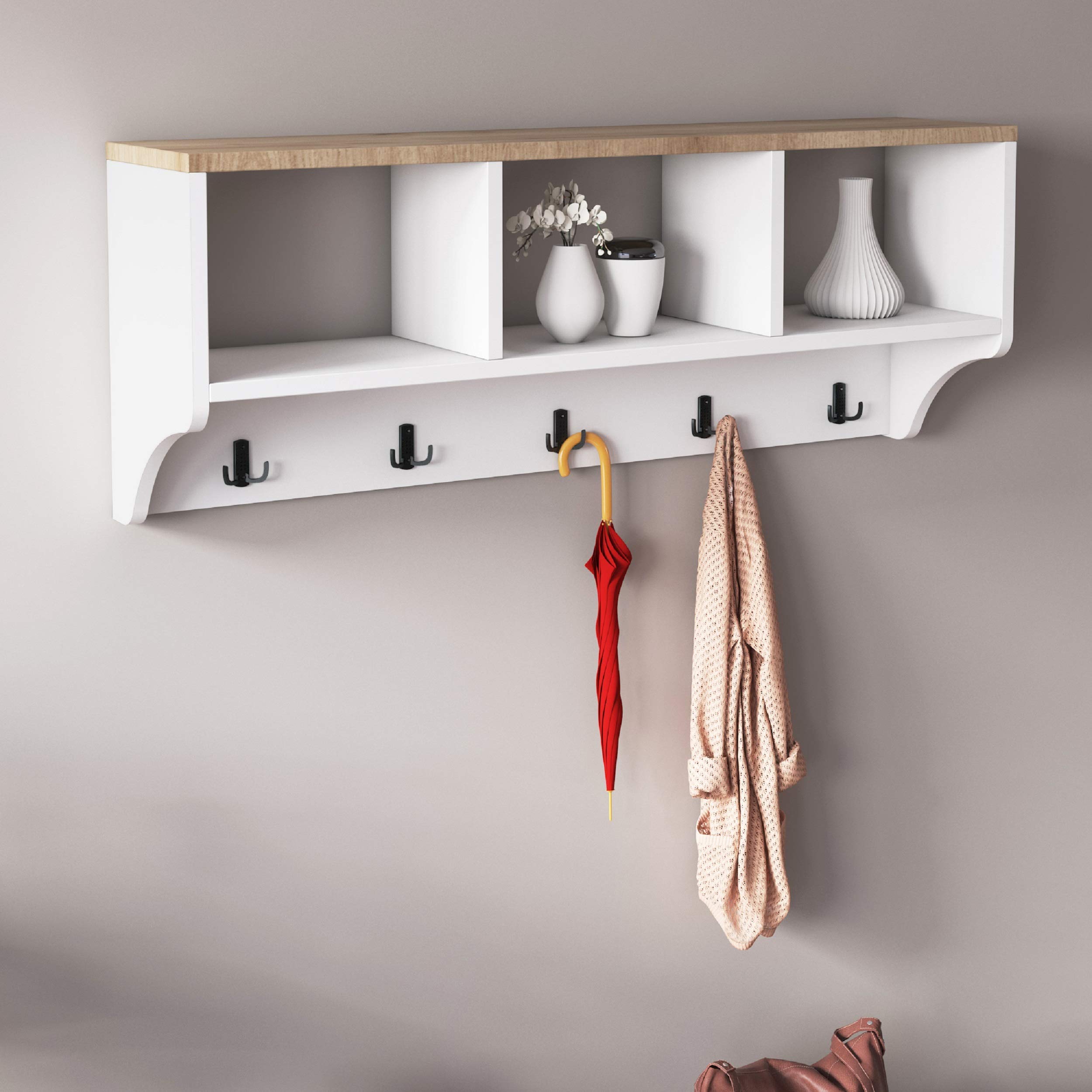 P&W Wooden Coat Rack with Shoe Storage and Shoe Rack White Free