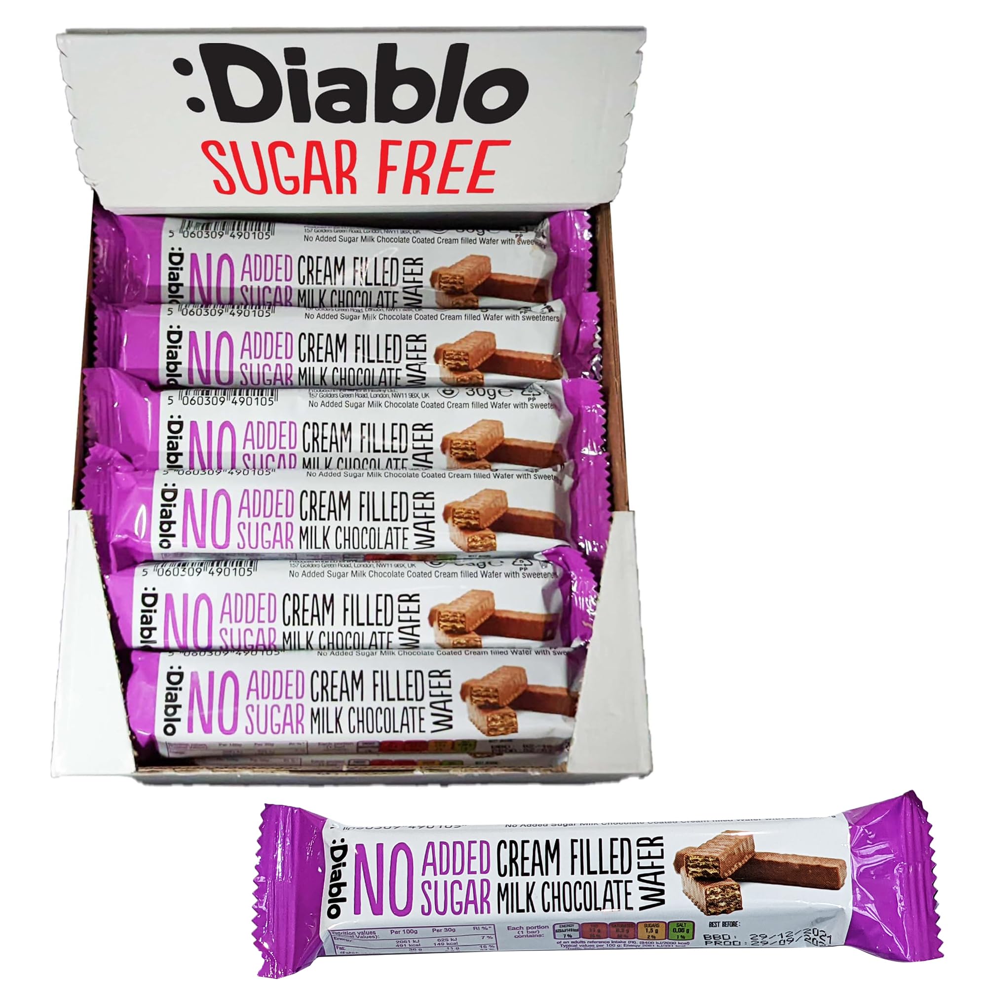 Diablo Cream Filled Milk Chocolate Wafers - No added Sugar, Maltitol Sweetened Treat, Individually Wrapped Biscuits Hamper Basket Ready Snack Pack, Perfect for Gifting - 30g, Pack of 24