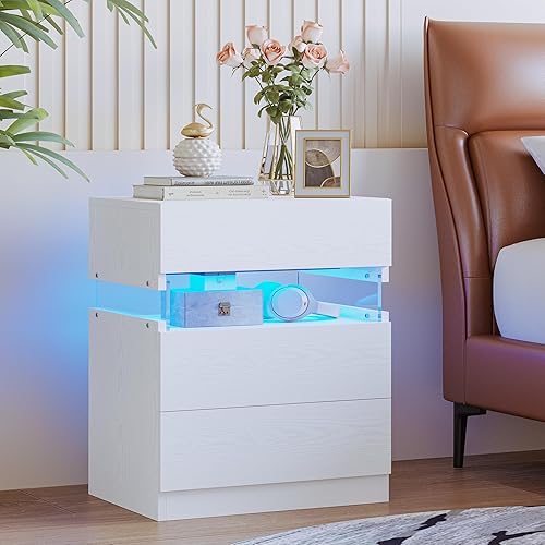 Miniatura 2 de IRONCK Mesita de noche, mesita de noche con luz LED y cajones, moderna mesita de noche con almacenamiento, mesa auxiliar para dormitorio, color