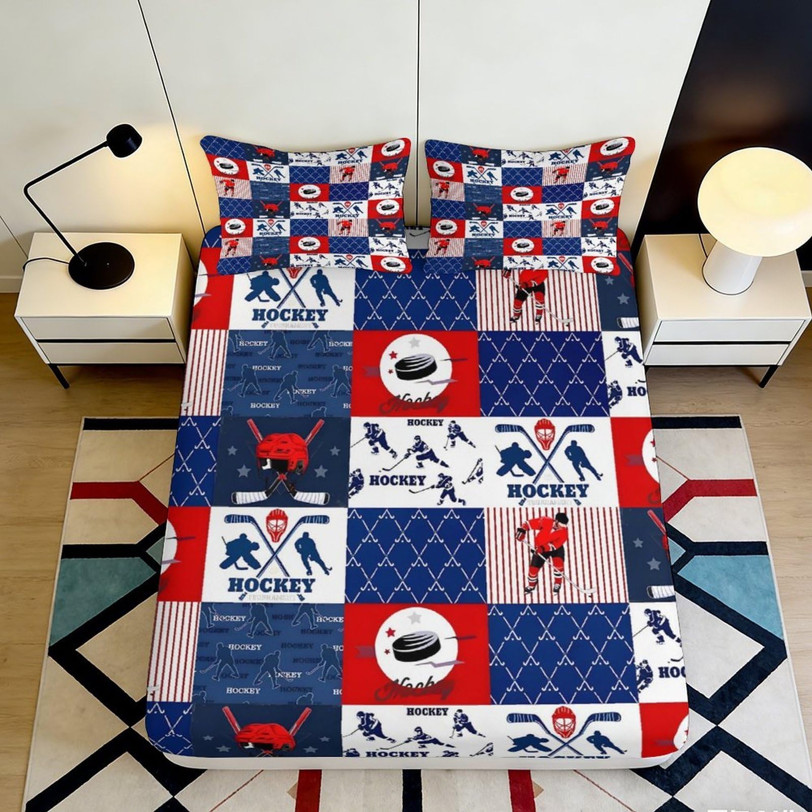 Qjzxknhpgr Style-9 3D Printed Hockey Patchwork Fitted Sheet Microfiber Red Blue Sports Bed Cover For Bedroom Guestroom Decor 90X200x25cm