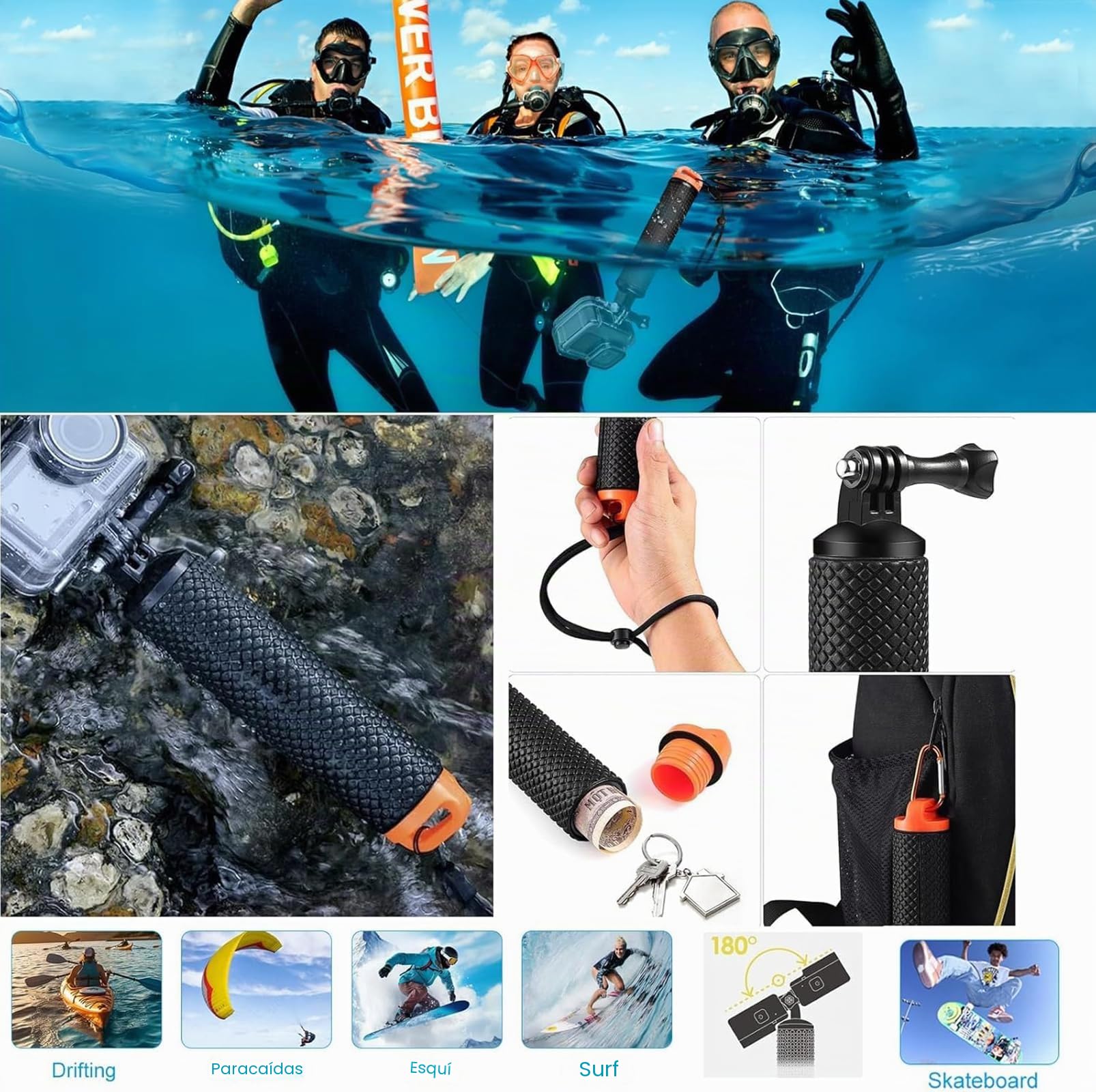 Kit de Accesorios para Gopro Hero 13 12 11 10 9, Carcasa de Buceo Estanca Asa Flotante Correa de Pecho de Cabeza de Mano Pinza para Cámara Abrazadera Clip Filtros de Buceo Película Antivaho