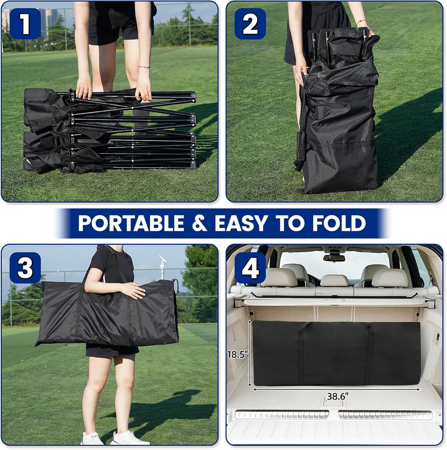 Soccer Bench- Folding Team Bench Soccer 4 Seats, Portable Sideline Sports Benches with Mesh Seat and Back with Bag, Foldable Breathable Chairs for Sports Football Camp Events (Black