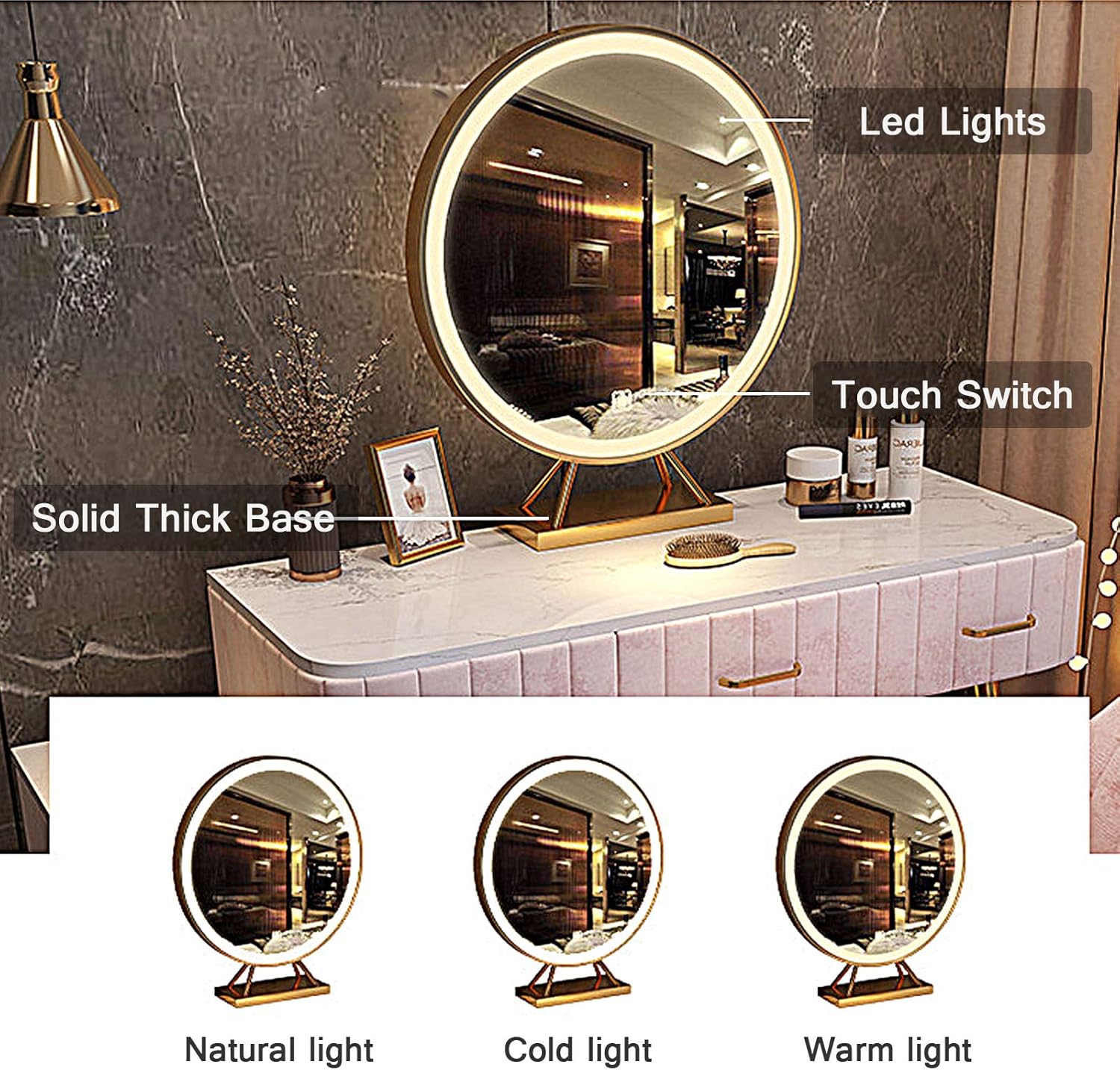 Girls Dressing Table with Cosmetic Drawers Luxurious Vanity Table with Side Table & Led Lighted Mirrors Dressing Tables Organiser with Cushioned Stool,