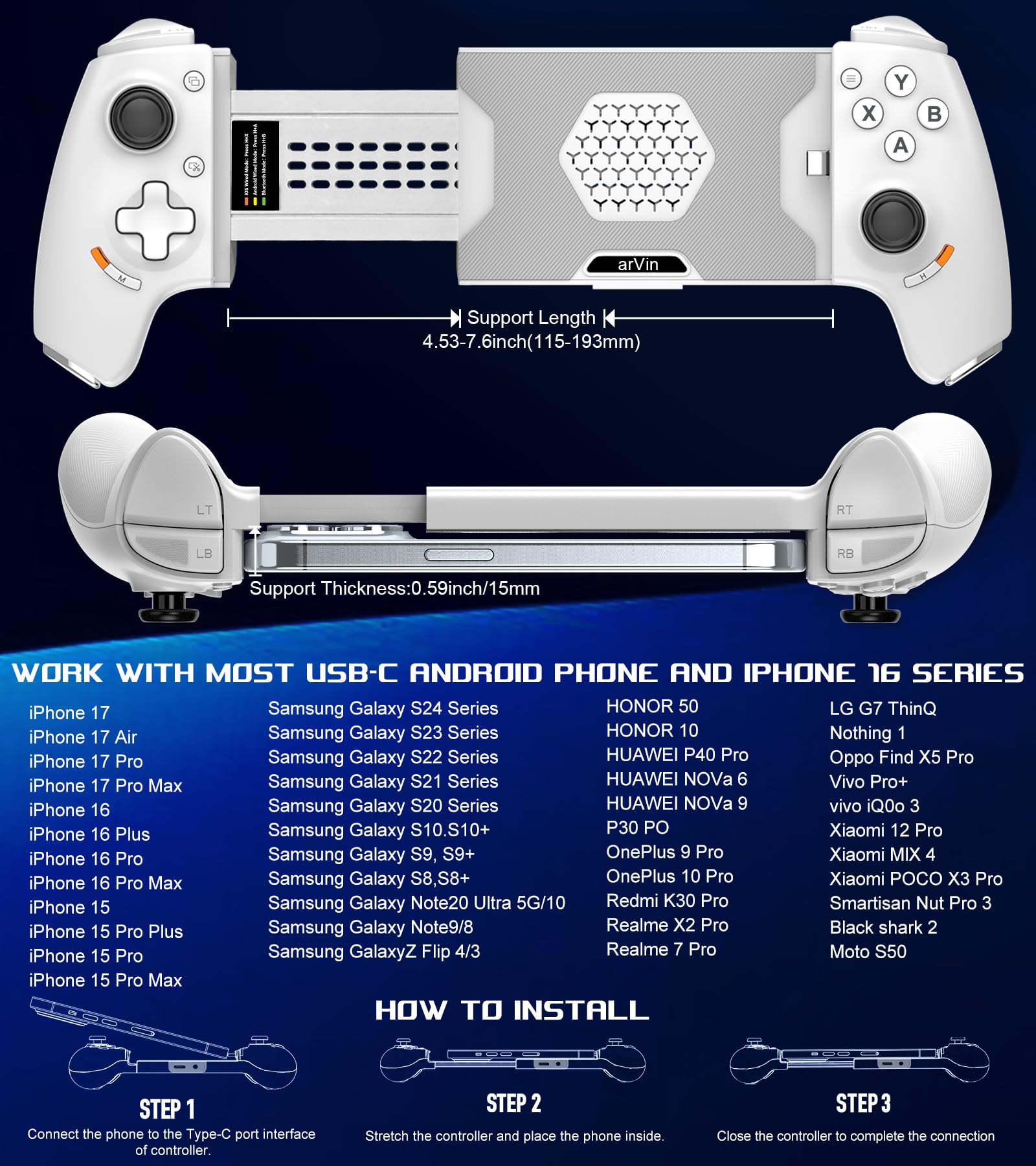 Controller di gioco mobile per Android e iPhone serie 15/16 (USB-C) PS Remote Player Gamepad per PS5/PS4/Xbox/PC con joystick Hall/Hall Trigger/jack audio da 3,5 mm/controller di gioco cloud, Plug &