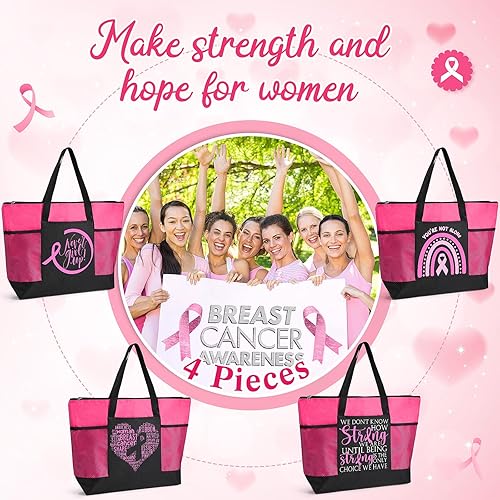 Miniatura 6 de Set de regalo de concientización sobre el cáncer de mama para mujeres, bolsas de mano con letrero de cinta rosa