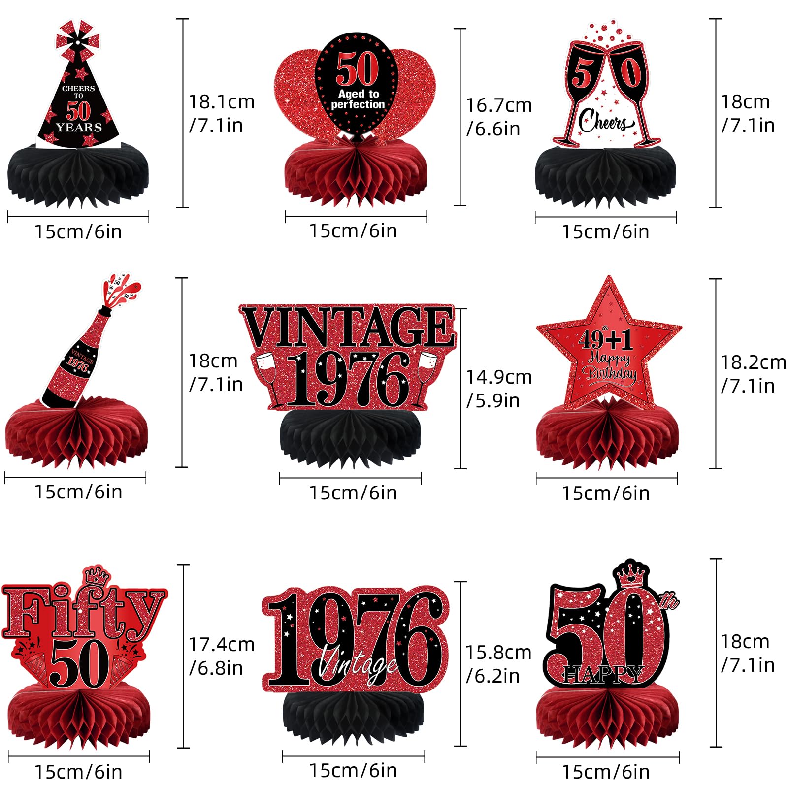 9 szt. dekoracje na 50. urodziny czerwone i czarne dekoracje na przyjęcie na 50. urodziny dla kobiet, Happy 50 Years Birthday Vintage 1973 postarzane elementy o strukturze plastra miodu znak na stół