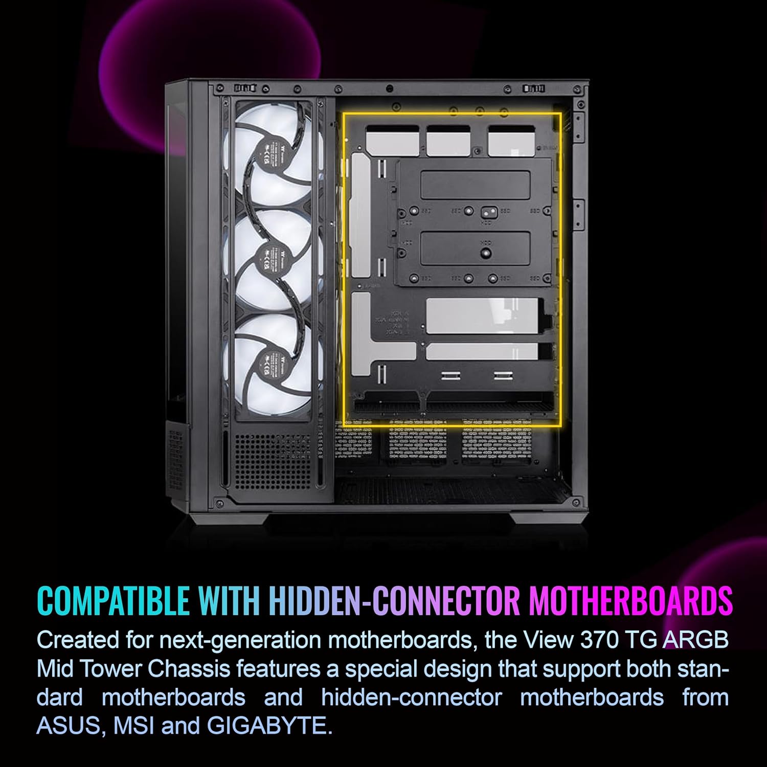 Thermaltake View 370 TG ARGB Mid Tower; 1x360mm & 1x120 ARGB PWM Fans Included; 360mm Rad Support; 420mm GPU Clearance; Hidden Connector Support (ATX/mATX); Vertical GPU Support;Black;CA-11N-00M1WN-00