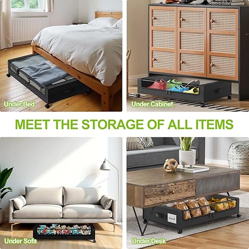 Miniatura 5 de Almacenamiento debajo de la cama con ruedas, paquete de 4 contenedores de almacenamiento debajo de la cama con tapas y cremalleras transparentes,