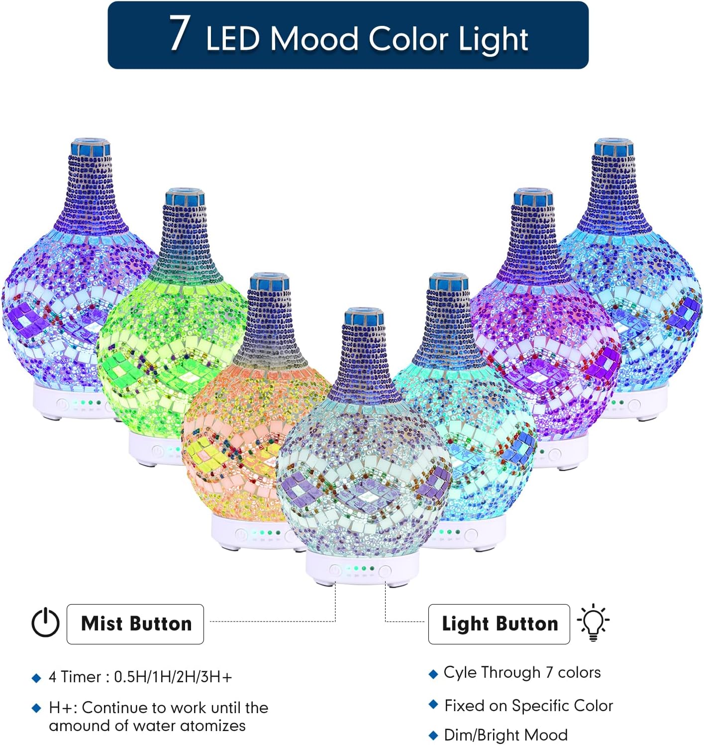 Mosaic Glass Essential Oil Diffuser,Tiffany Aromatherapy Diffuser 100ml Turkish Moroccan Color Changing Aroma Ultrasonic Diffusers Cool Mist Air Diffuser for Sleeping SPA Office Home - Image 2
