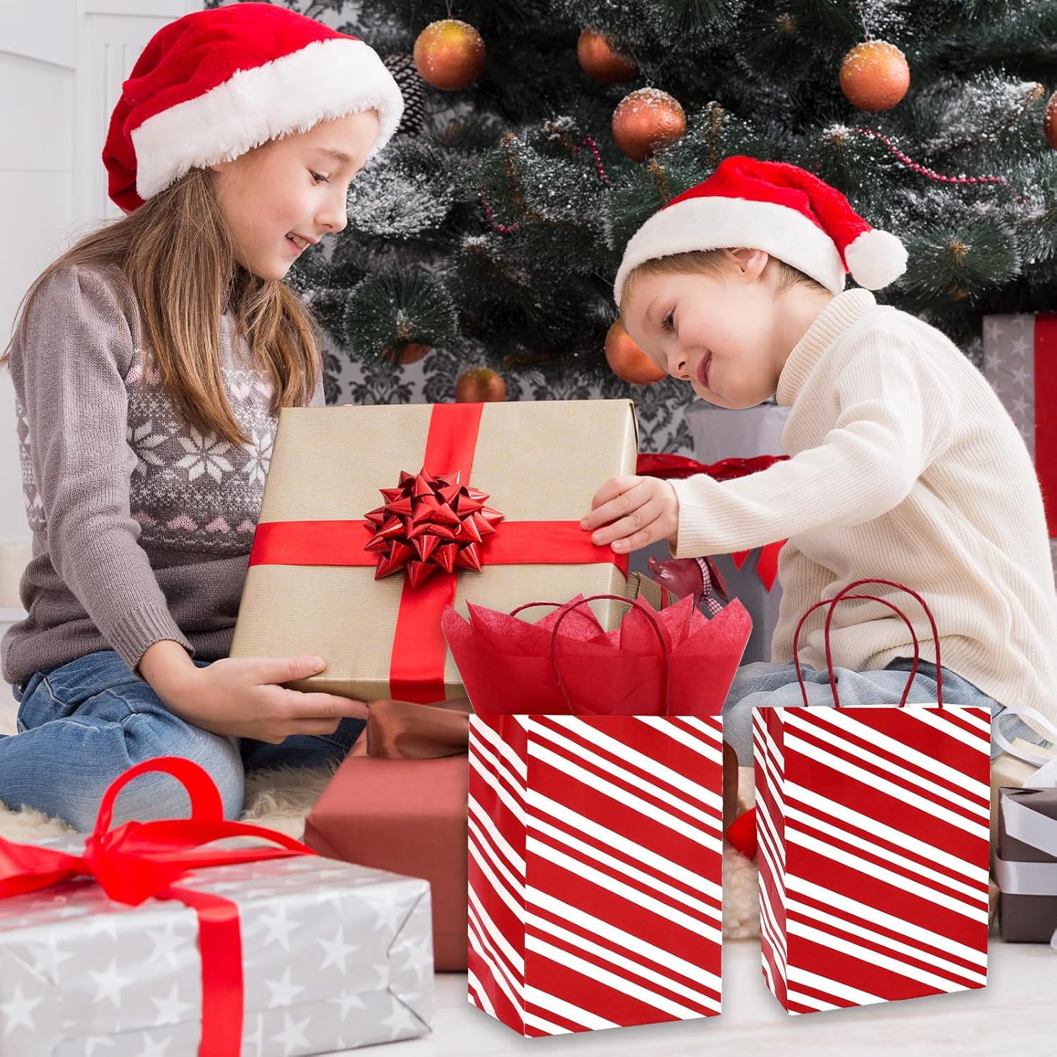 JarThenaAMCS 30Pcs Christmas Paper Bags with 50 Sheets Tissue Paper Red White Stripe Treat Gift Bags with Handles Candy Goodie Bags for Winter Xmas New Year Party Supplies - Image 6