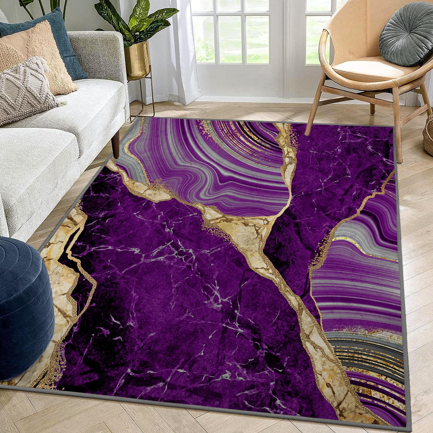 Abstract Area Rug, Purple Gray Marble and Golden Pattern, Machine Washable Modern Non-Slip Rug, Home Decor Floor Carpet for Classroom Laundry Bedroom Living Room, 5' x 7'